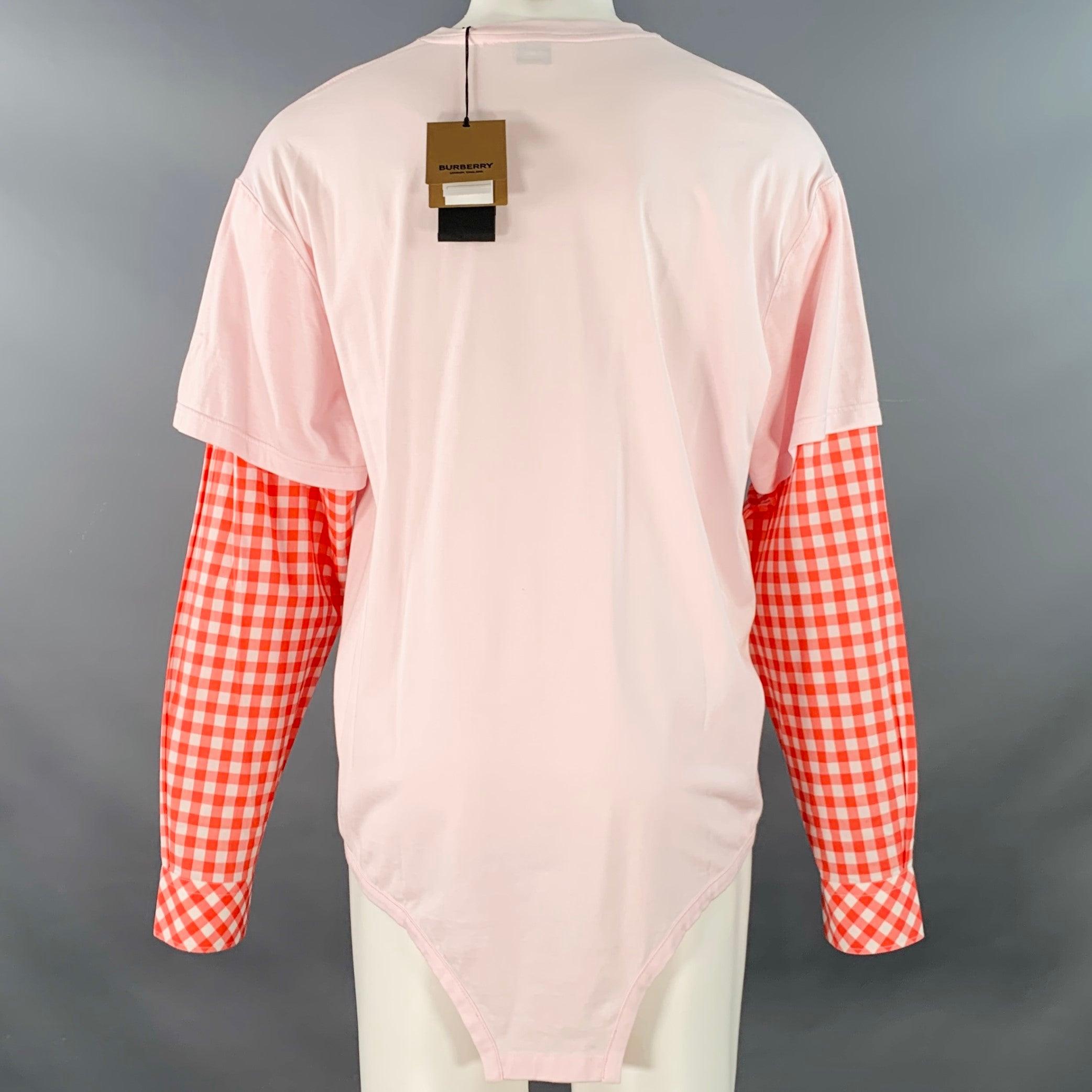 BURBERRY Size M Pink Red Gingham Cotton Layered Oversized Crew Neck Pullover In Excellent Condition For Sale In San Francisco, CA