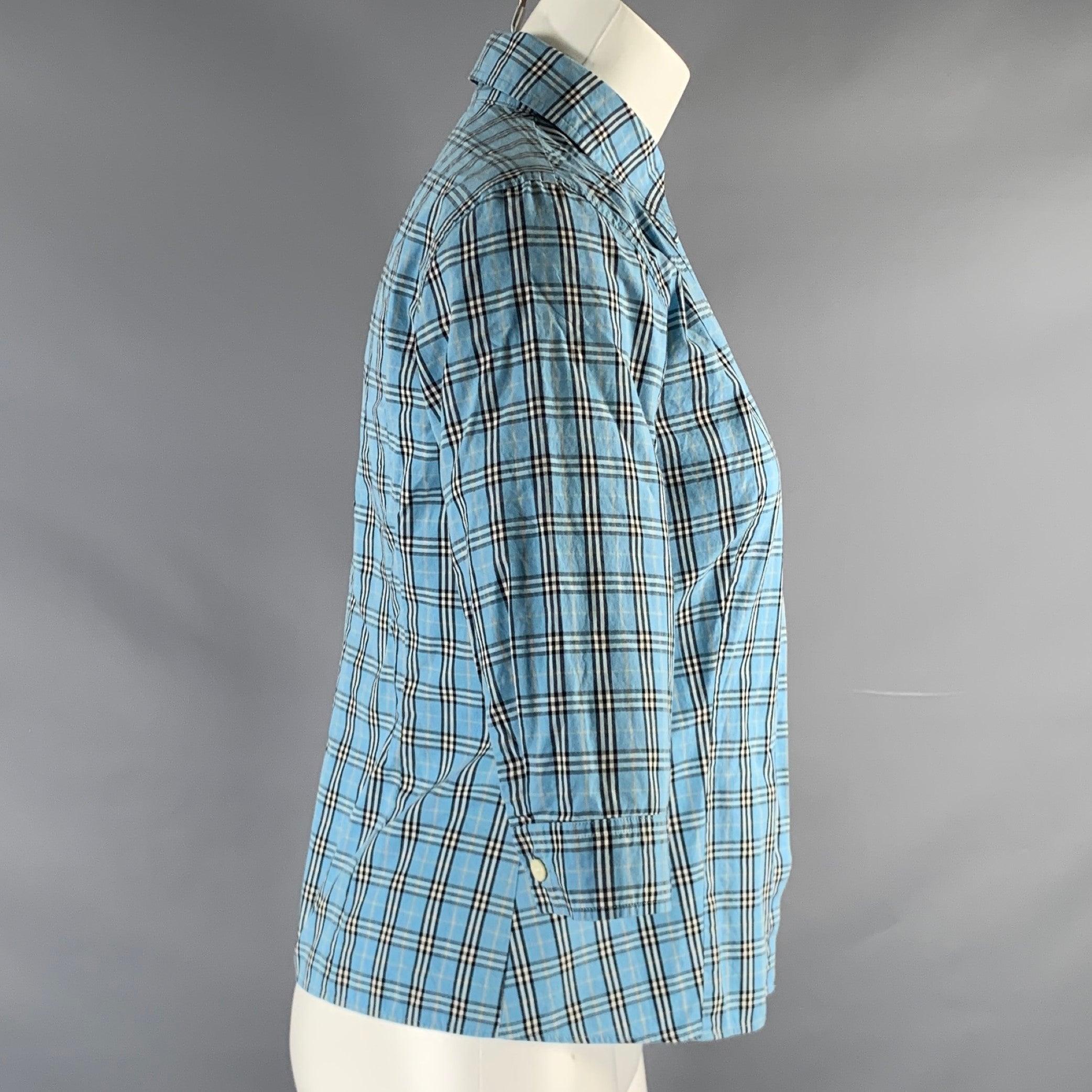 Gray BURBERRY Size S Blue Black White Cotton Plaid Hidden Buttons Blouse