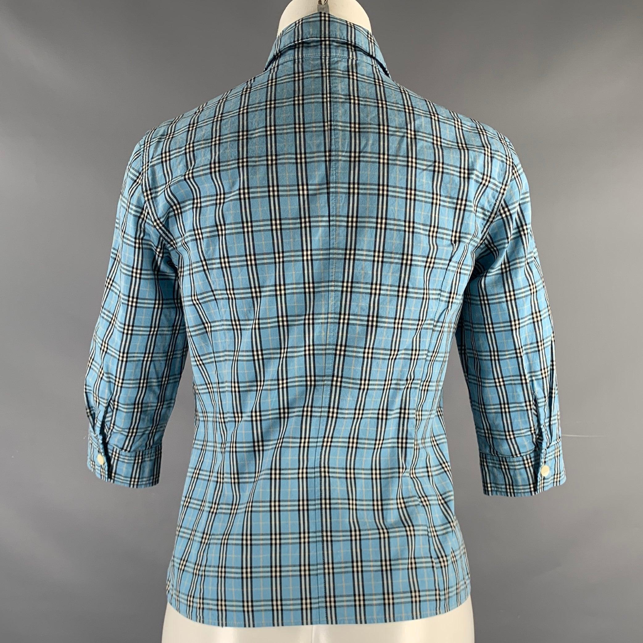 BURBERRY Size S Blue Black White Cotton Plaid Hidden Buttons Blouse In Good Condition In San Francisco, CA