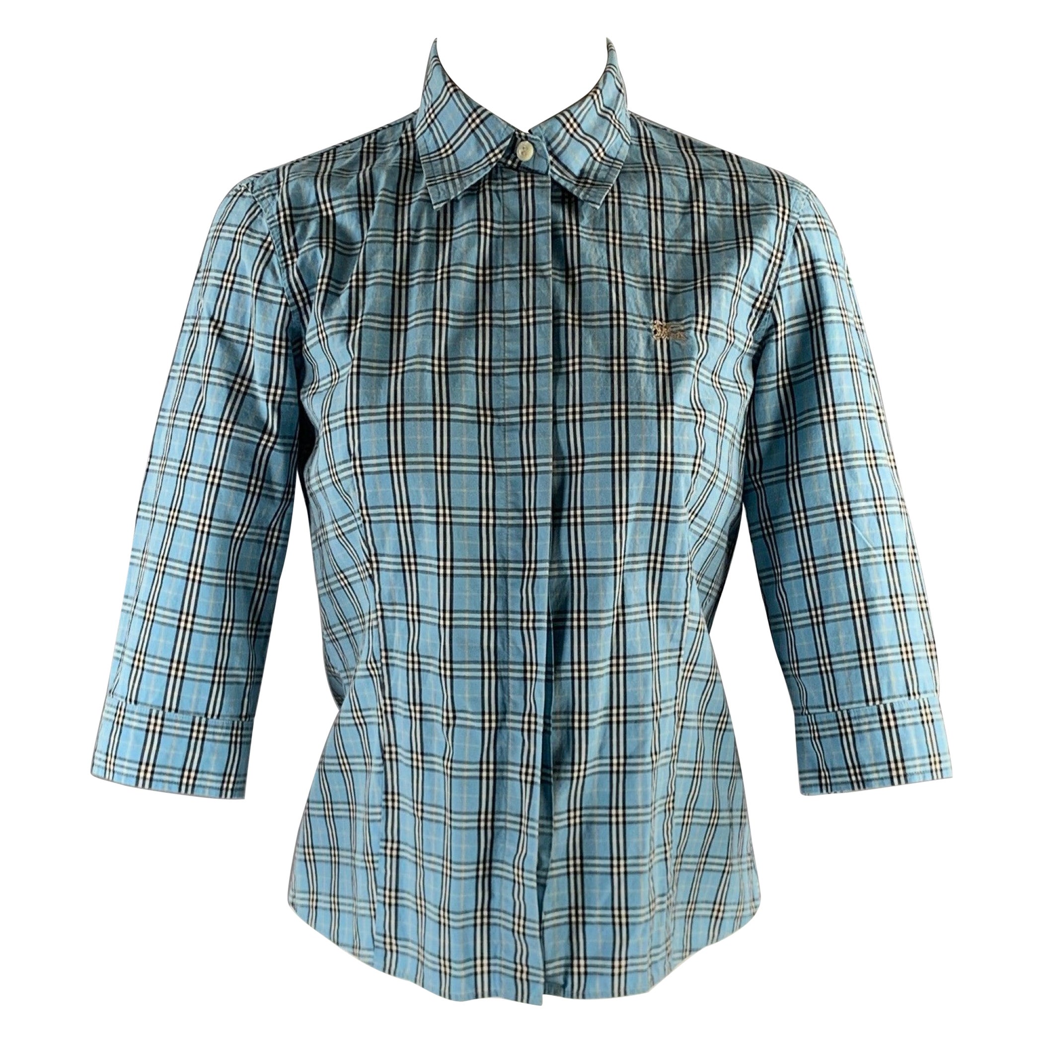 BURBERRY Size S Blue Black White Cotton Plaid Hidden Buttons Blouse