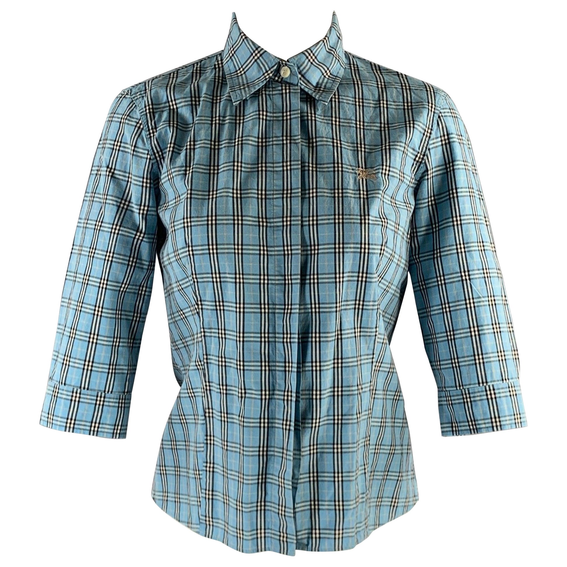 BURBERRY Size S Blue Black White Cotton Plaid Hidden Buttons Blouse