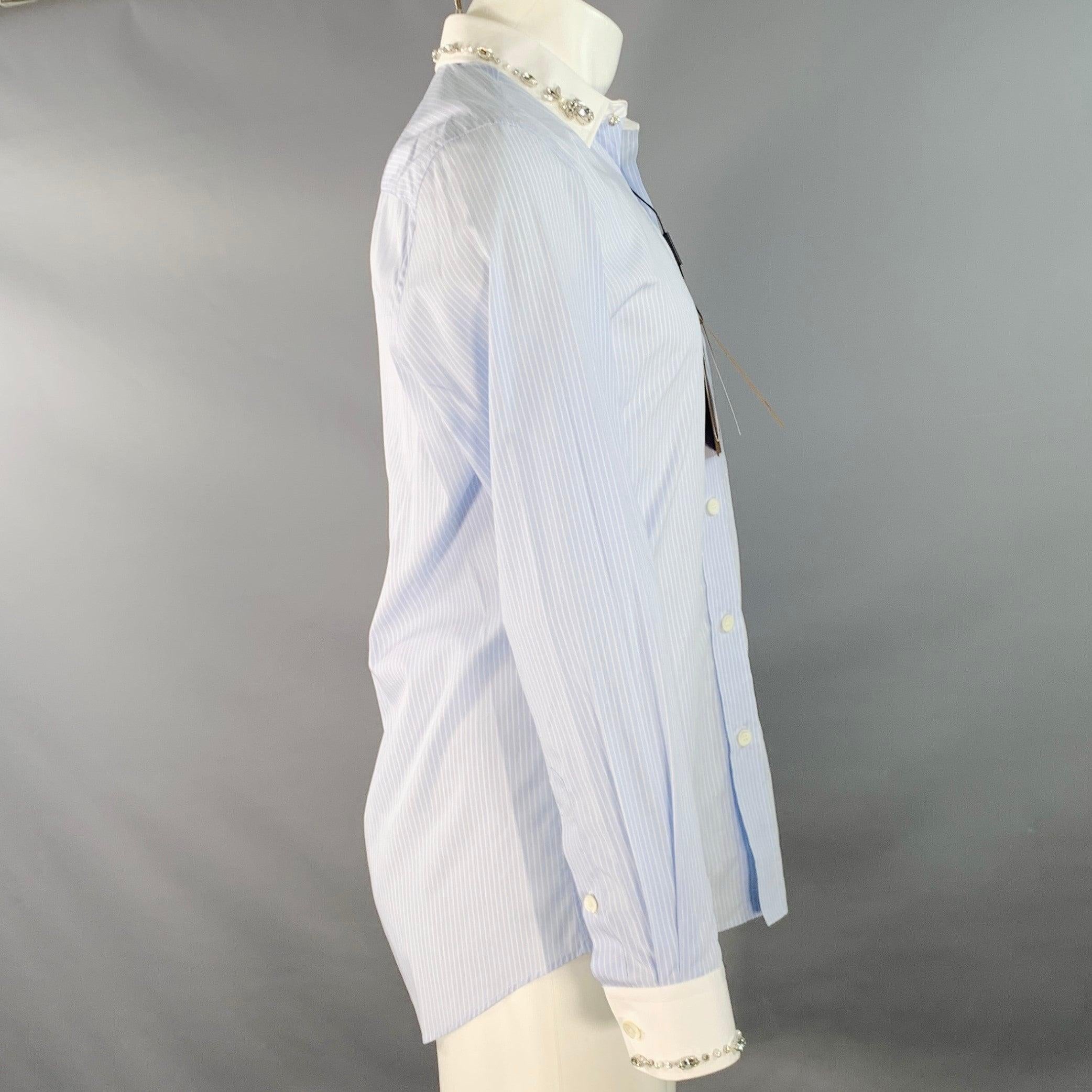 BURBERRY Size S Blue White Stripe Cotton Crystal Embellishment One Pocket Long Sleeve Shirt In Excellent Condition For Sale In San Francisco, CA