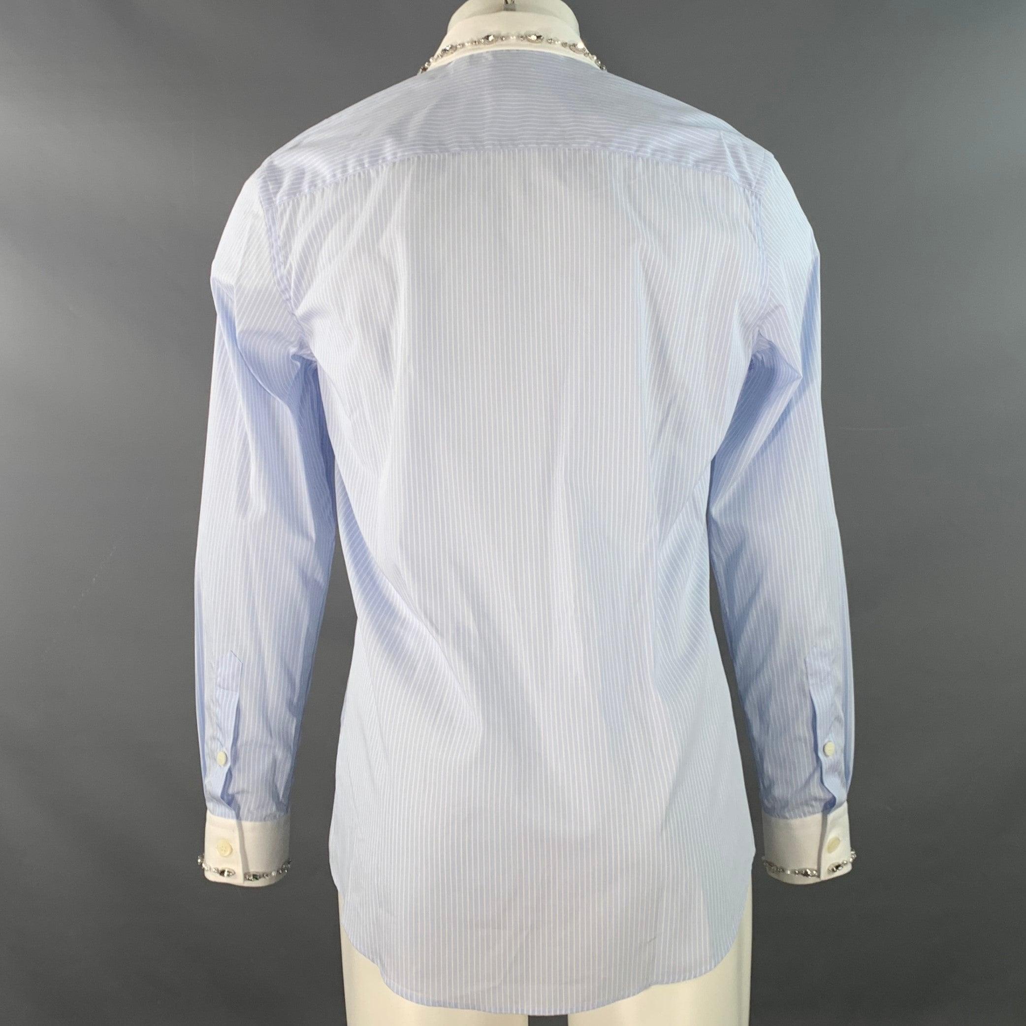 BURBERRY Size S Blue White Stripe Cotton Crystal Embellishment One Pocket Long Sleeve Shirt For Sale 1