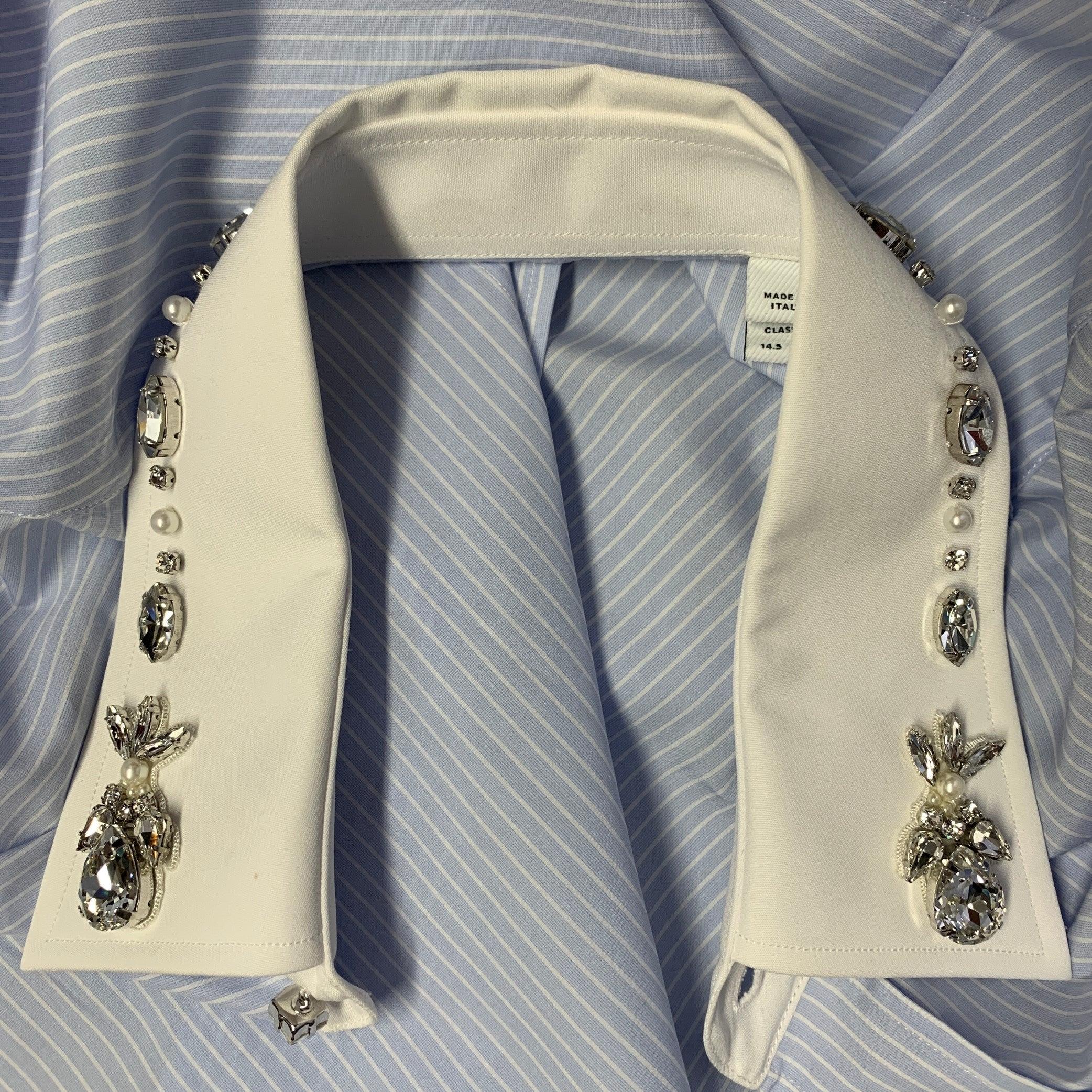 BURBERRY Size S Blue White Stripe Cotton Crystal Embellishment One Pocket Long Sleeve Shirt For Sale 2