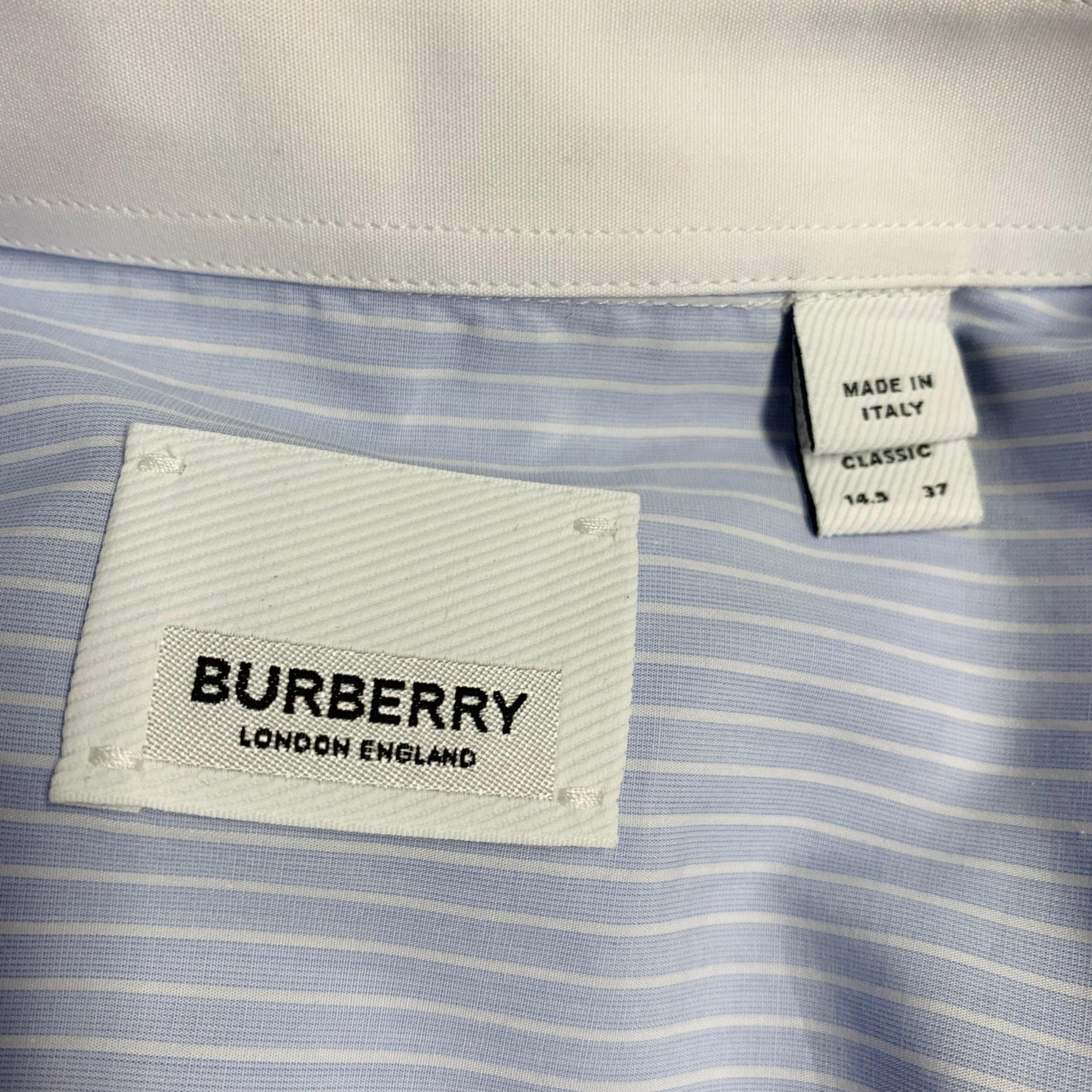 BURBERRY Size S Blue White Stripe Cotton Crystal Embellishment One Pocket Long Sleeve Shirt For Sale 3