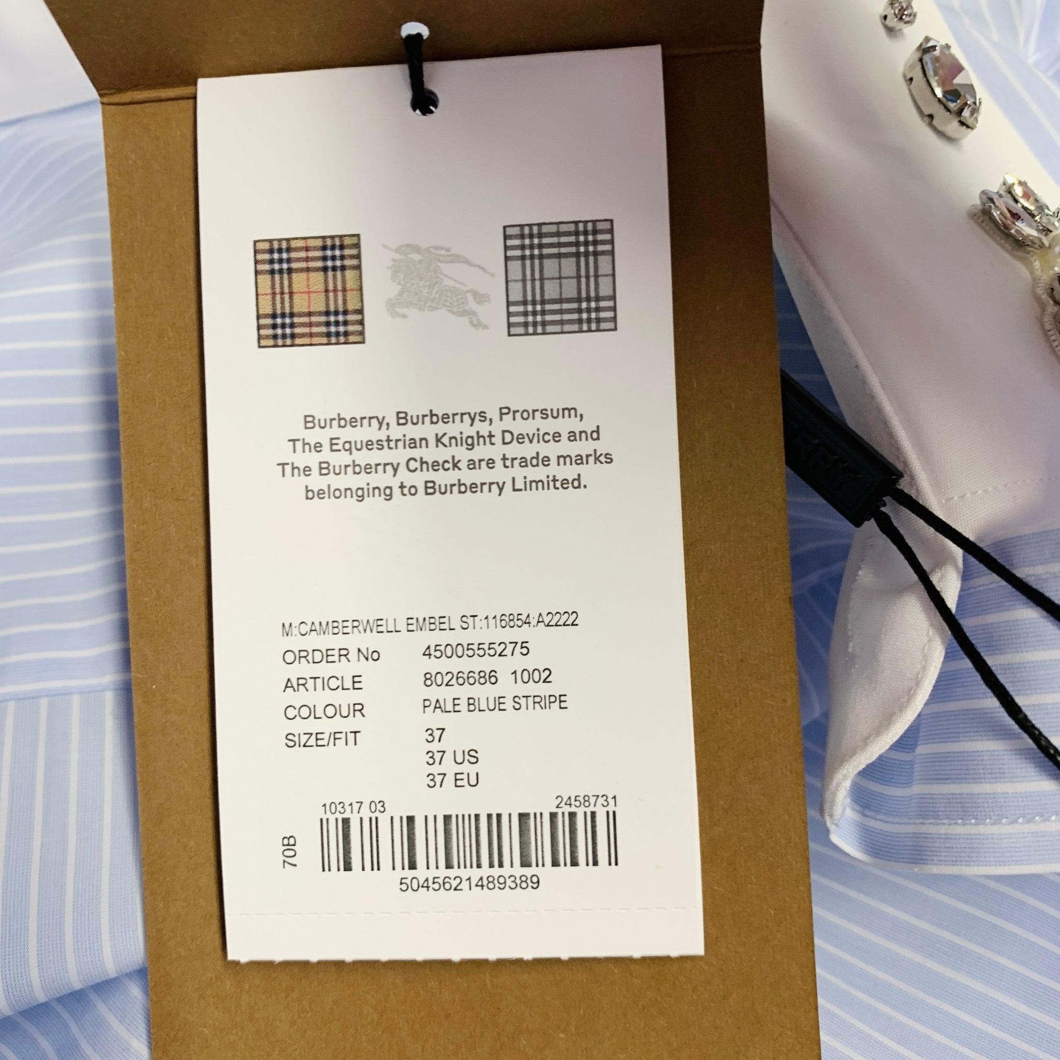 BURBERRY Size S Blue White Stripe Cotton Crystal Embellishment One Pocket Long Sleeve Shirt For Sale 4