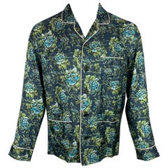 BURBERRY Size S Navy & Green Floral Silk Pajama Long Sleeve Shirt