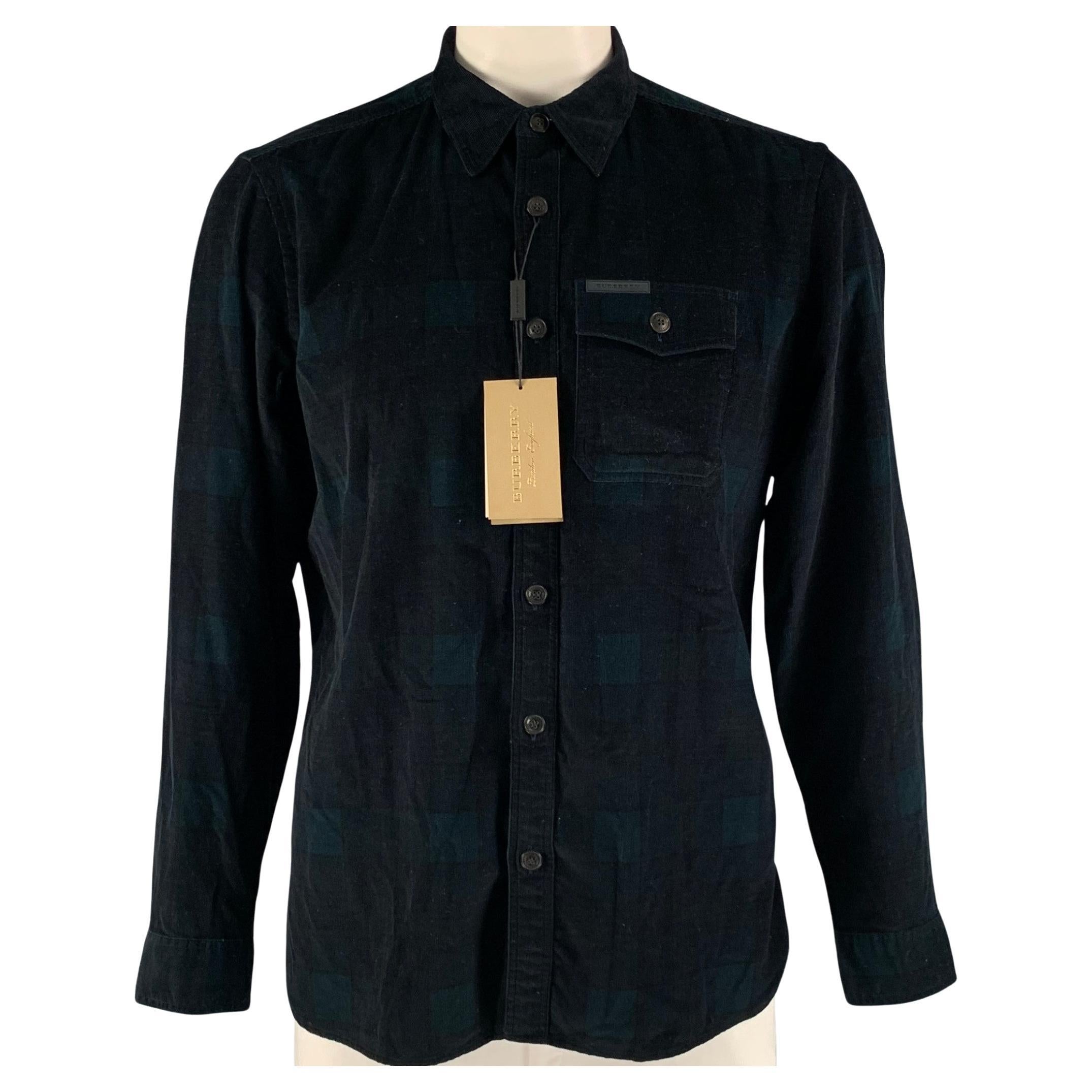 BURBERRY Size XL Navy Green Blackwatch Plaid Cotton Long Sleeve Shirt