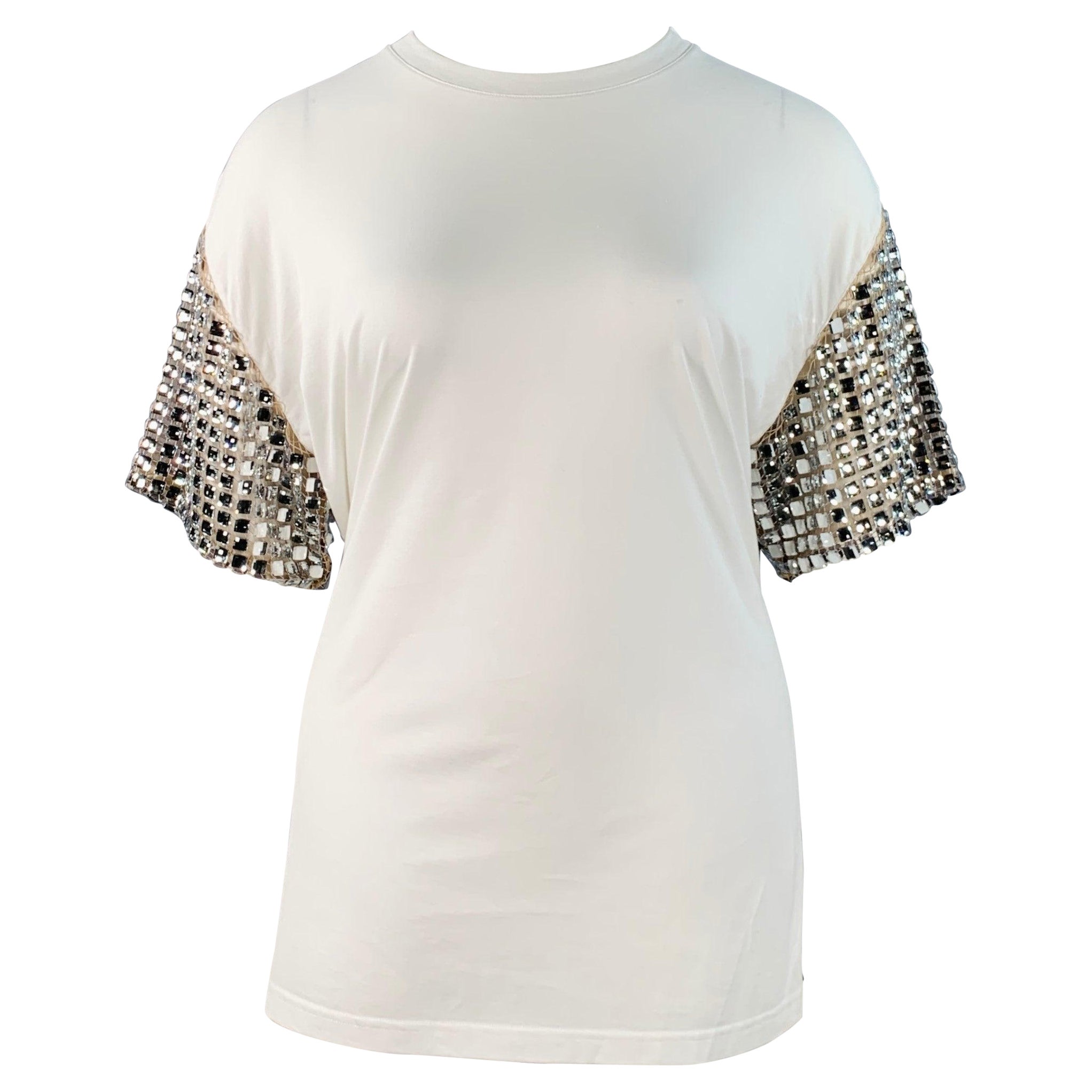 BURBERRY Größe XL Weiß Silber Baumwolle Kristall verschönert Übergröße T-Shirt mit Rundhalsausschnitt im Angebot