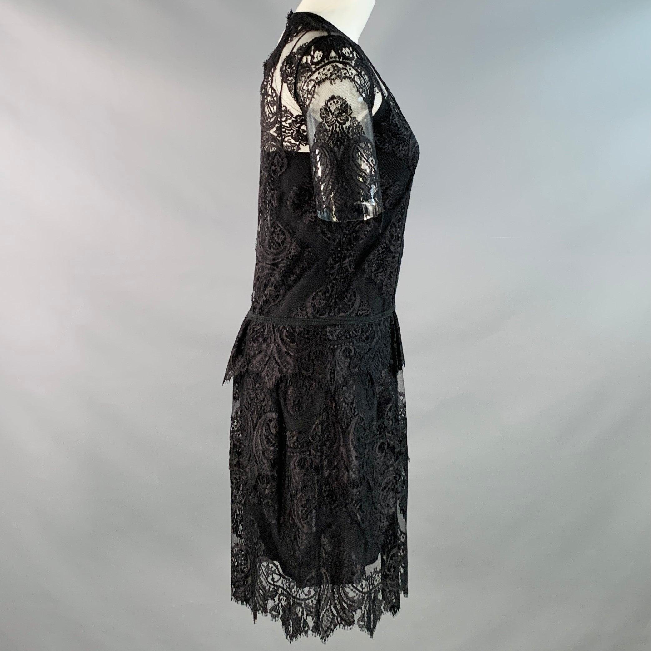 BURBERRY Größe XS Schwarz Spitze Kurzarm Drop Waist Knielang Cocktailkleid im Zustand „Hervorragend“ im Angebot in San Francisco, CA