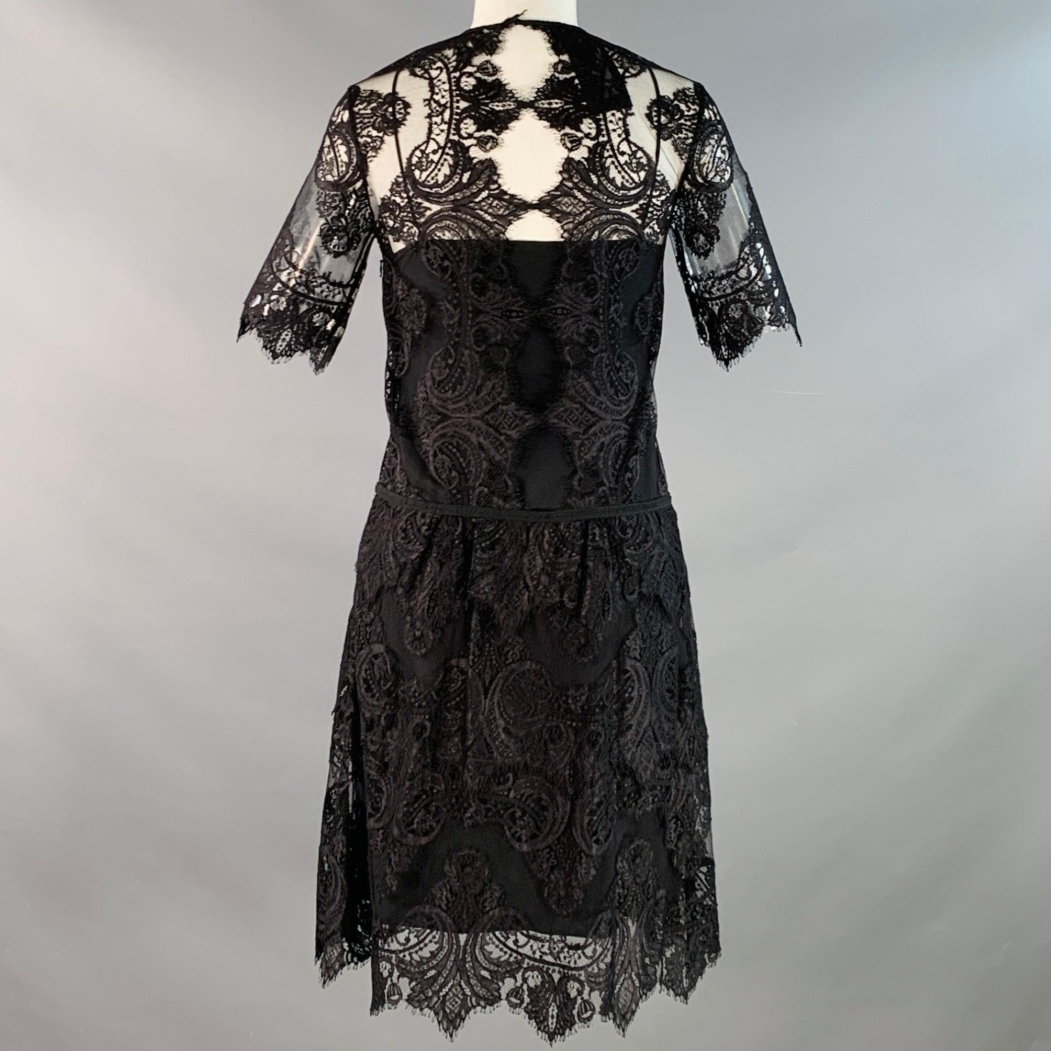 BURBERRY Größe XS Schwarz Spitze Kurzarm Drop Waist Knielang Cocktailkleid Damen im Angebot