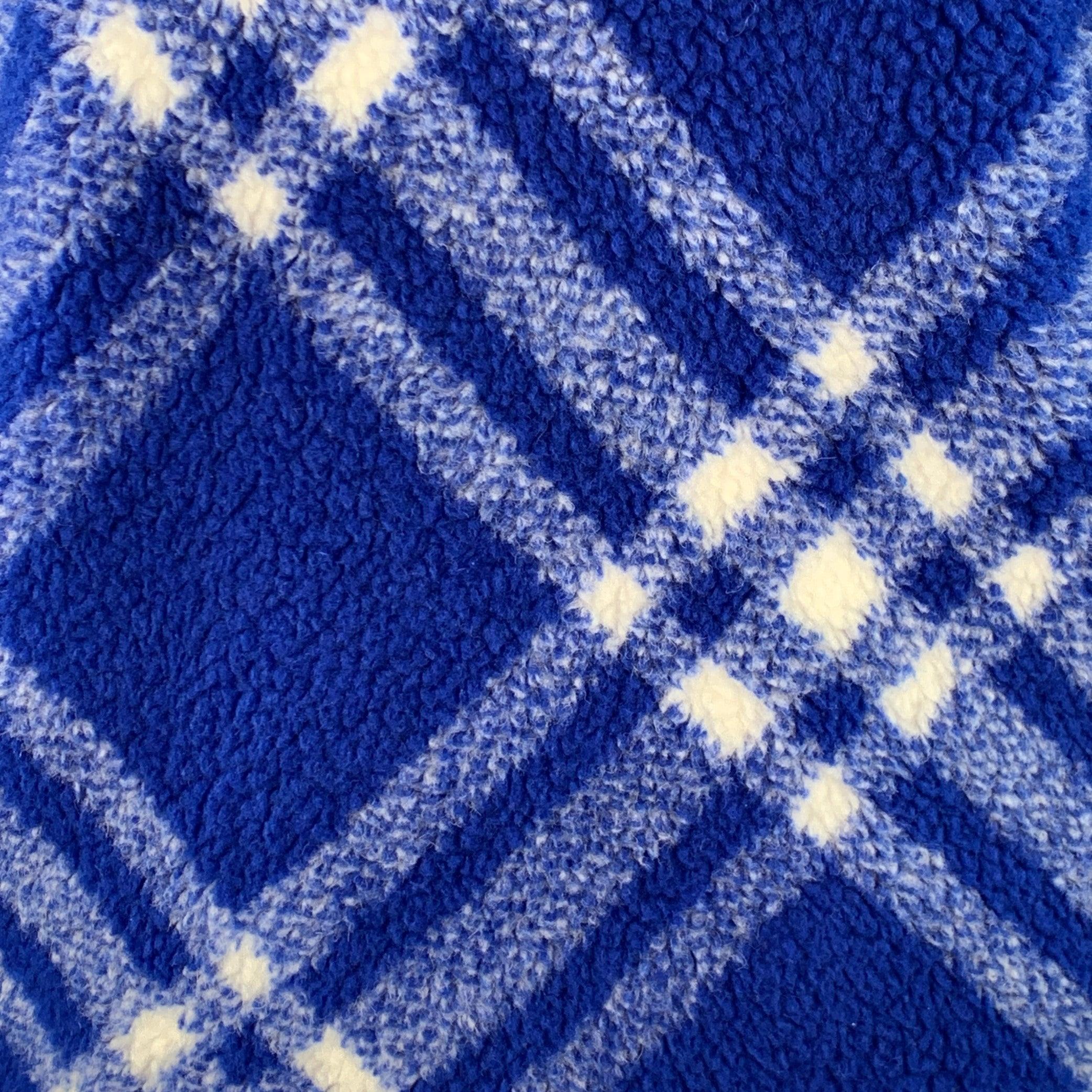 BURBERRY jacket
in a blue and white acrylic blend fleece featuring a plaid pattern, hooded style, and drawstring waistband.Excellent Pre-Owned Condition. 

Marked:   XS 

Measurements: 
 
Shoulder: 16.5 inches Chest: 42 inches Sleeve: 24.5 inches