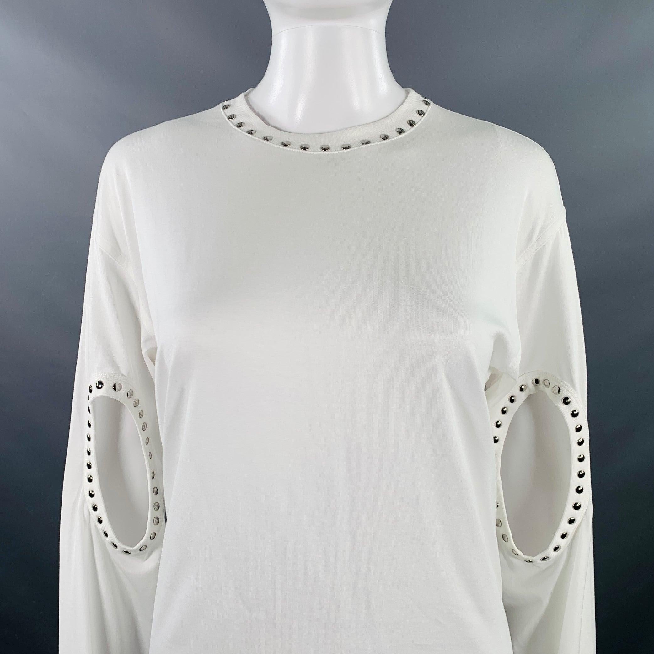 BURBERRY pullover
in a white cotton jersey featuring a silver tone metal studded design, sleeve cutouts, and crew neck. New with Tags. 

Marked:   XXS 

Measurements: 
 
Shoulder: 18 inches Bust: 39 inches Sleeve: 23.5 inches Length: 25 inches 
  
