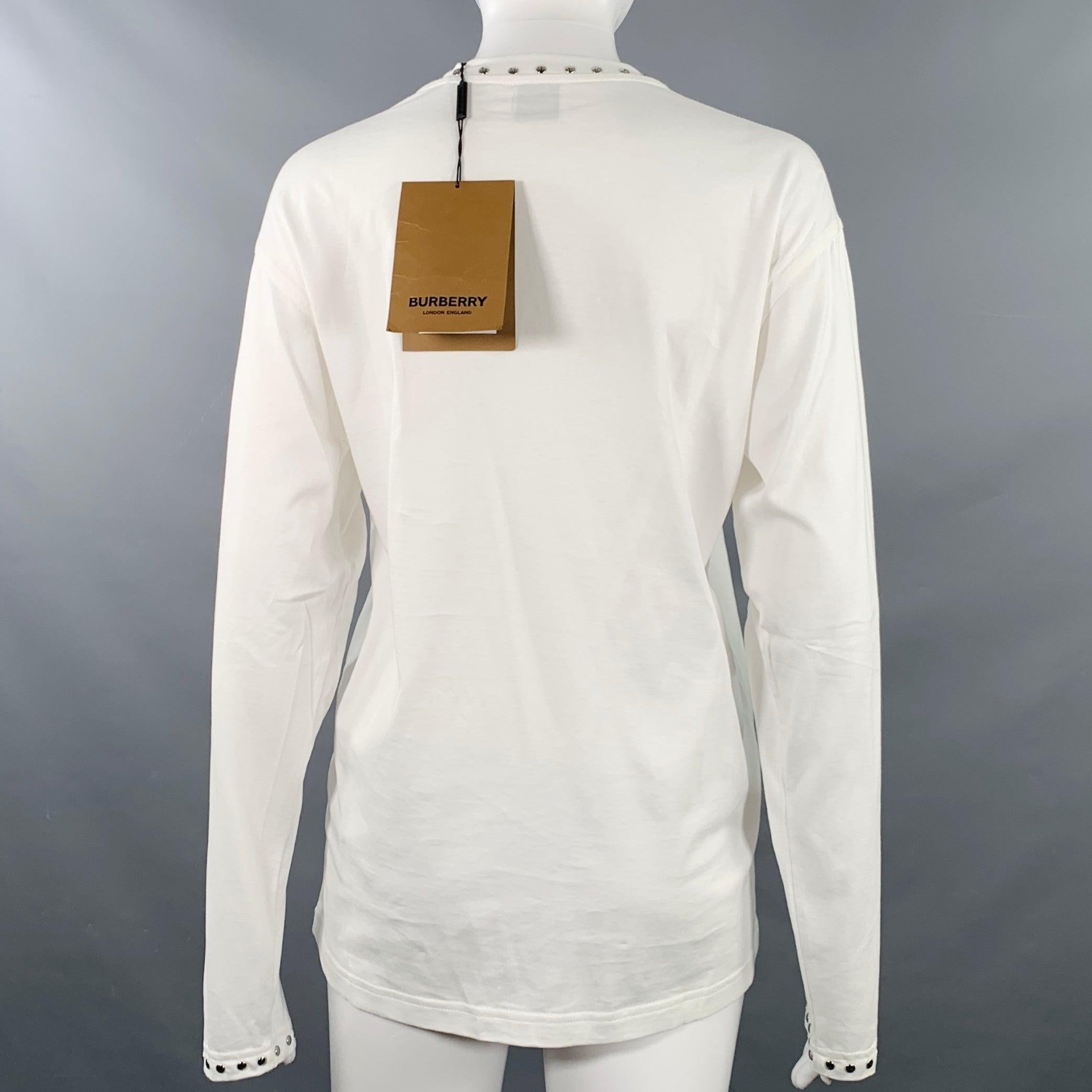 BURBERRY Size XXS White Silver Cotton Studded Cutout Pullover In Excellent Condition For Sale In San Francisco, CA