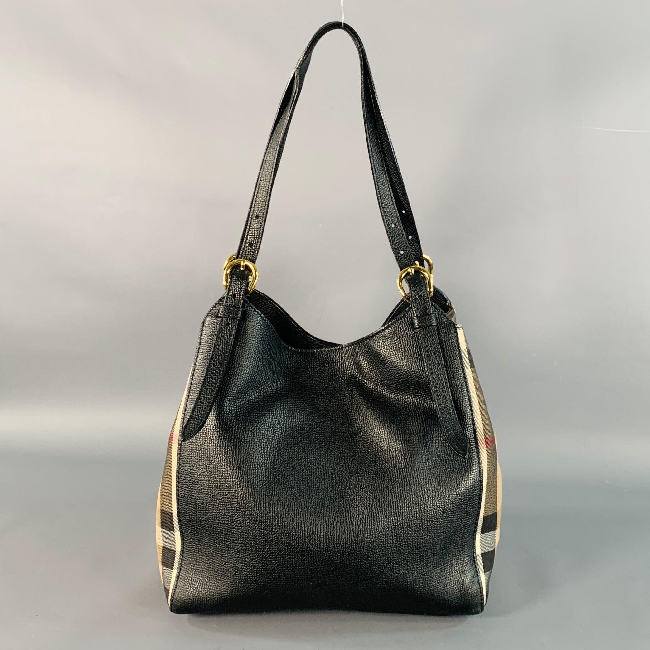 De las mujeres BURBERRY Bolso Pequeño Canter Negro Beige Cuadriculado Grano De Guijarro Cuero Lienzo en venta
