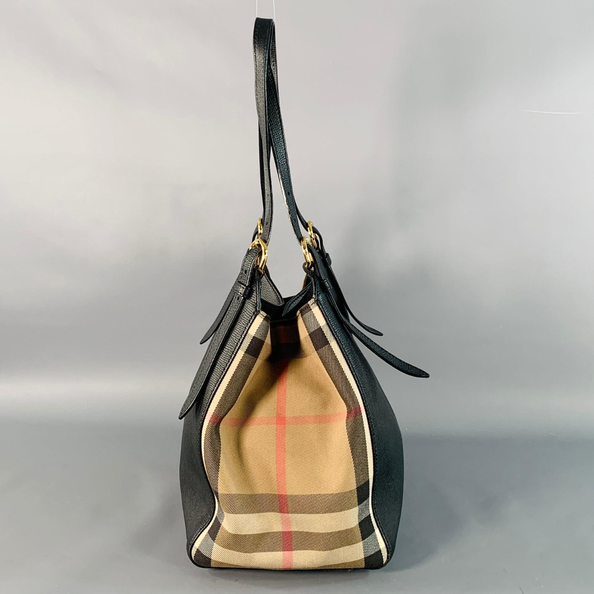 BURBERRY Bolso Pequeño Canter Negro Beige Cuadriculado Grano De Guijarro Cuero Lienzo en venta 1