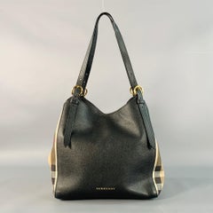 BURBERRY Kleine Canter schwarz-beige karierte Kieselsteinlederhandtasche aus Canvas