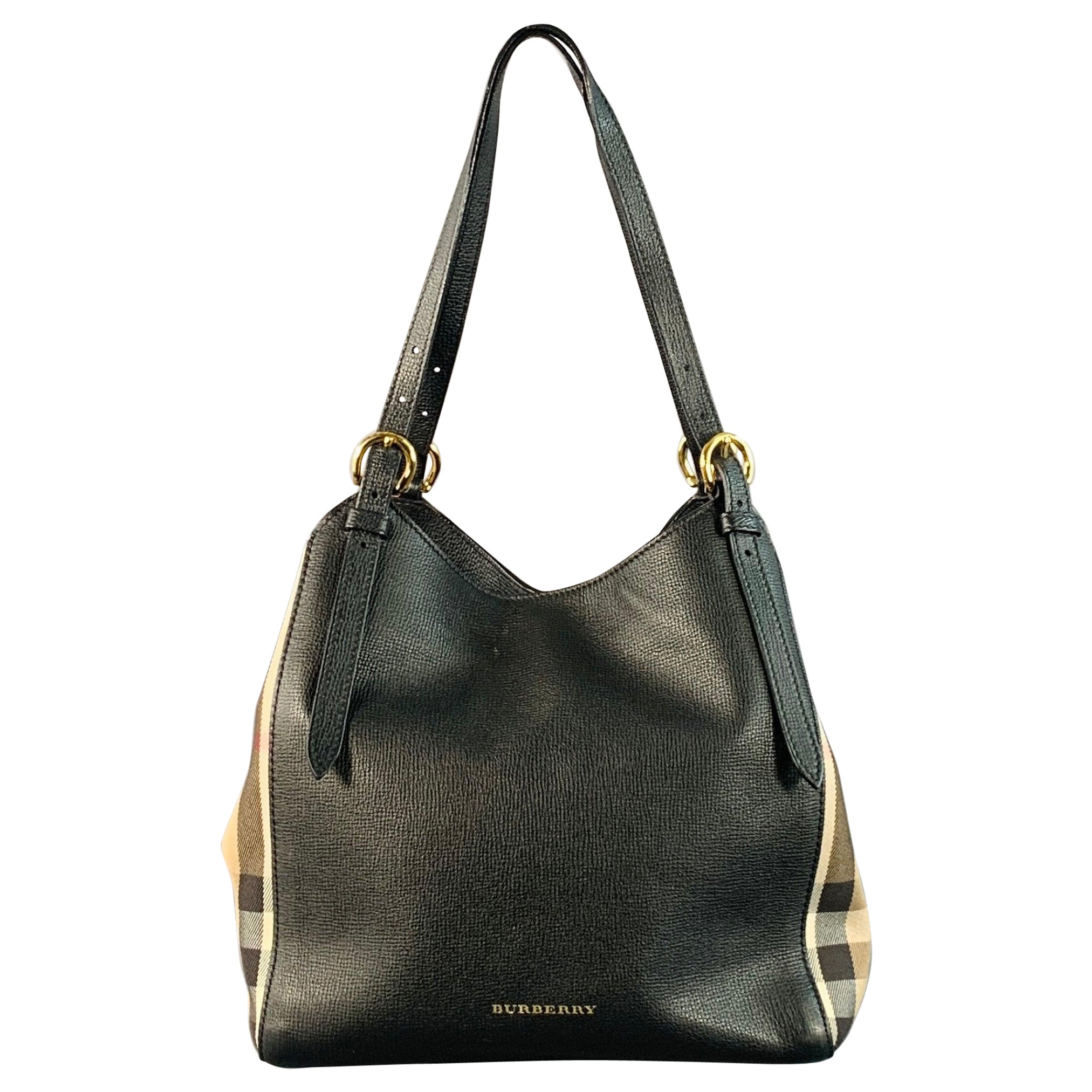 BURBERRY Bolso Pequeño Canter Negro Beige Cuadriculado Grano De Guijarro Cuero Lienzo en venta