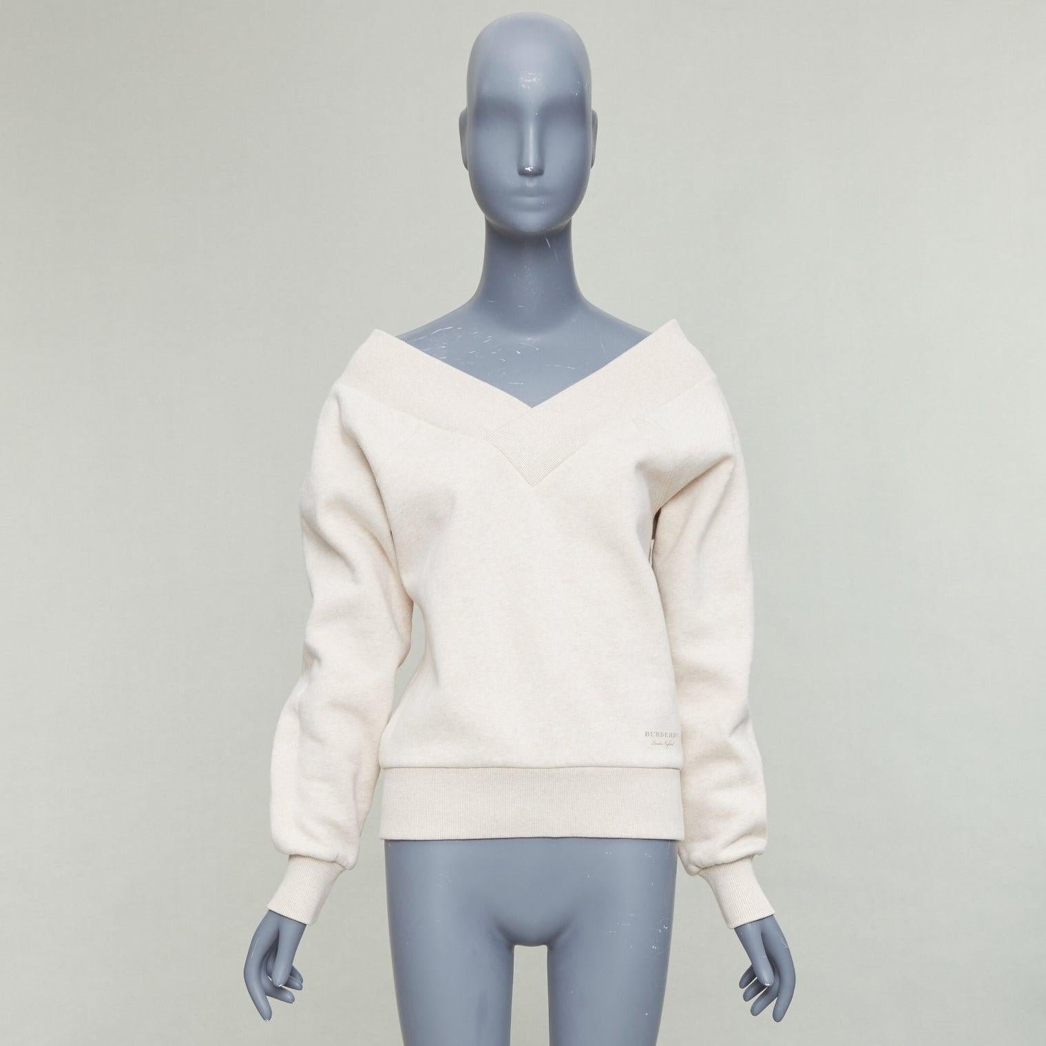 BURBERRY stone beige off shoulder cotton blend V neck sweater S For Sale 3