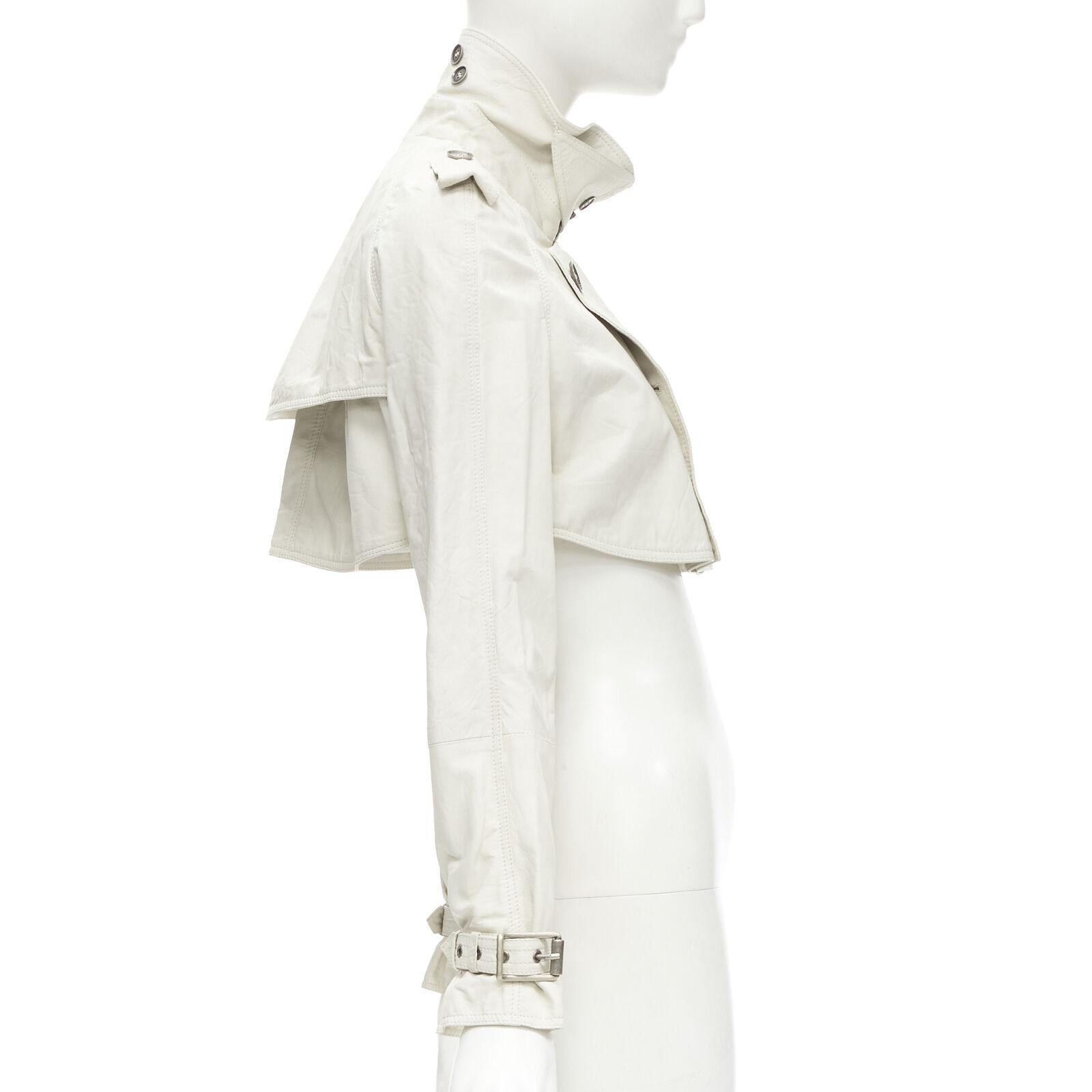 BURBERRY stone grey 100% leather cropped trench jacket IT38 XS In Good Condition In Hong Kong, NT