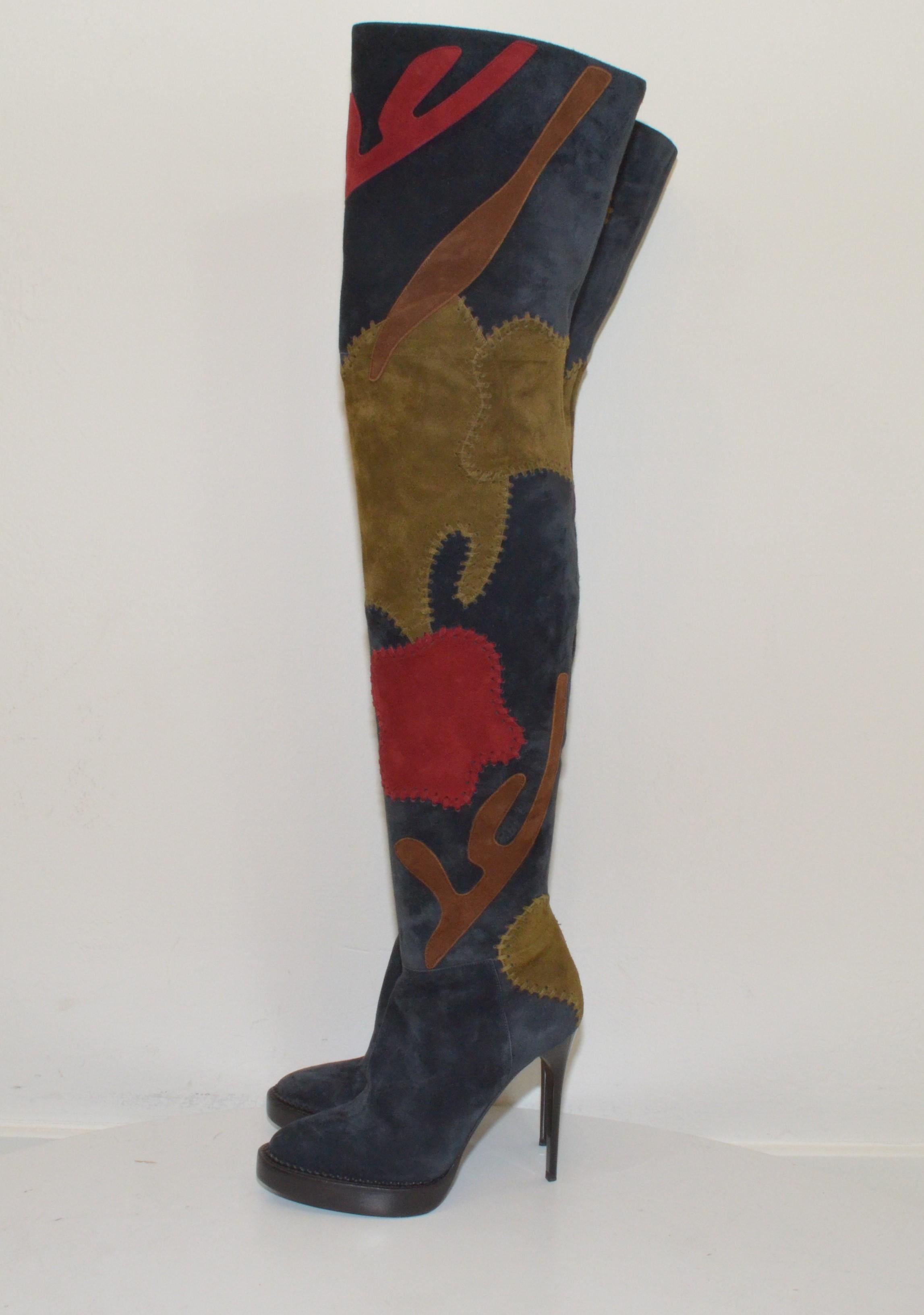 Burberry Suede Patchwork Thigh-High Boots, 37 In Excellent Condition In Carmel, CA