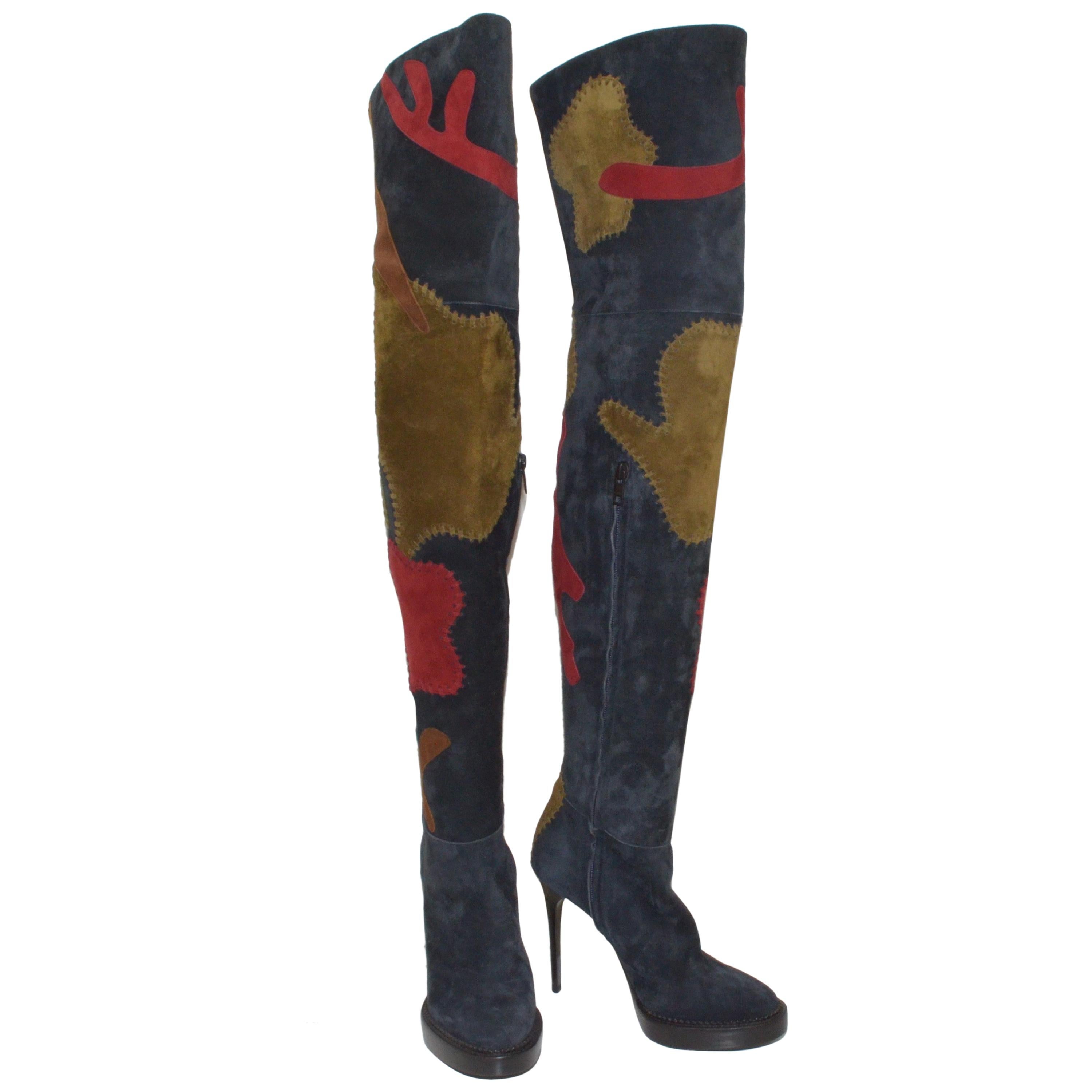 Burberry Suede Patchwork Thigh-High Boots, 37
