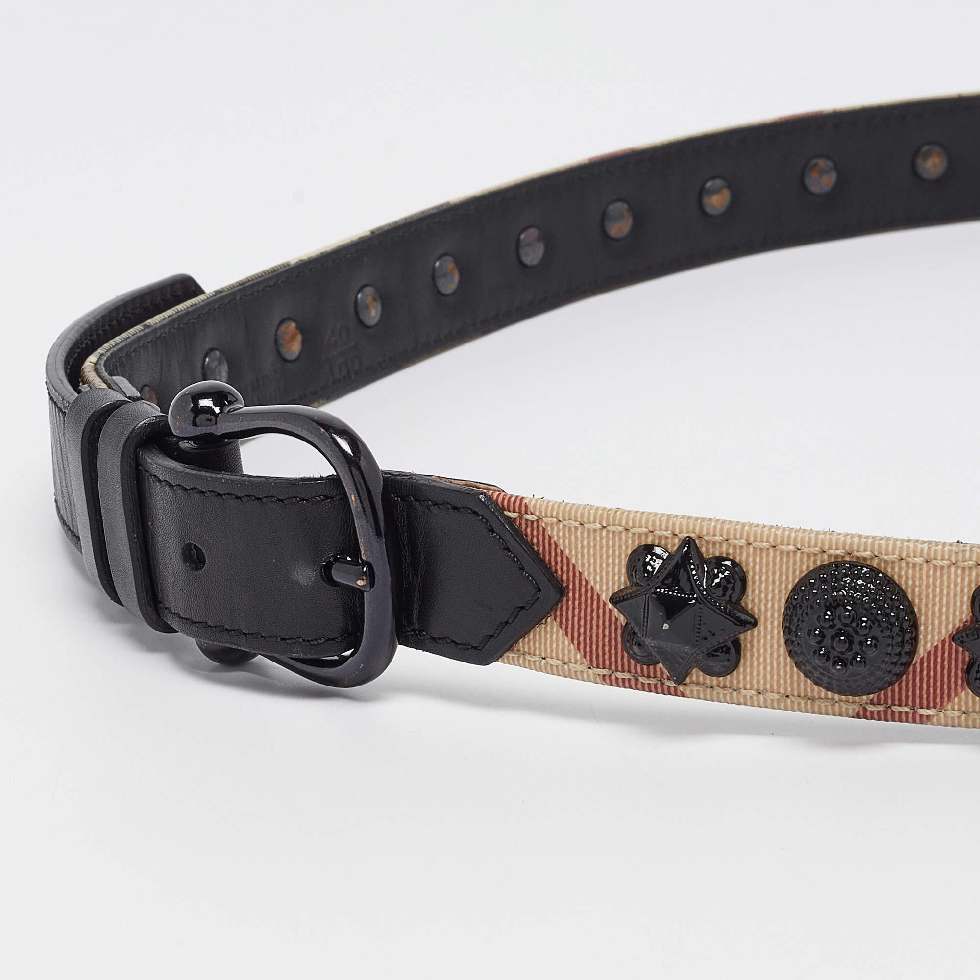 Black Burberry Supernova Check Coated Canvas Leather Embellished Buckle Belt 100 CM
