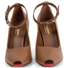 BURBERRY tan brown leather JERMYN PEEP-TOE Ankle Strap Pumps Shoes 36