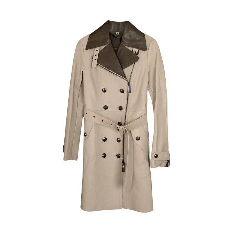 Burberry Tan/Brown Leather Trench Coat with Belt sz 4 For Sale at 1stDibs