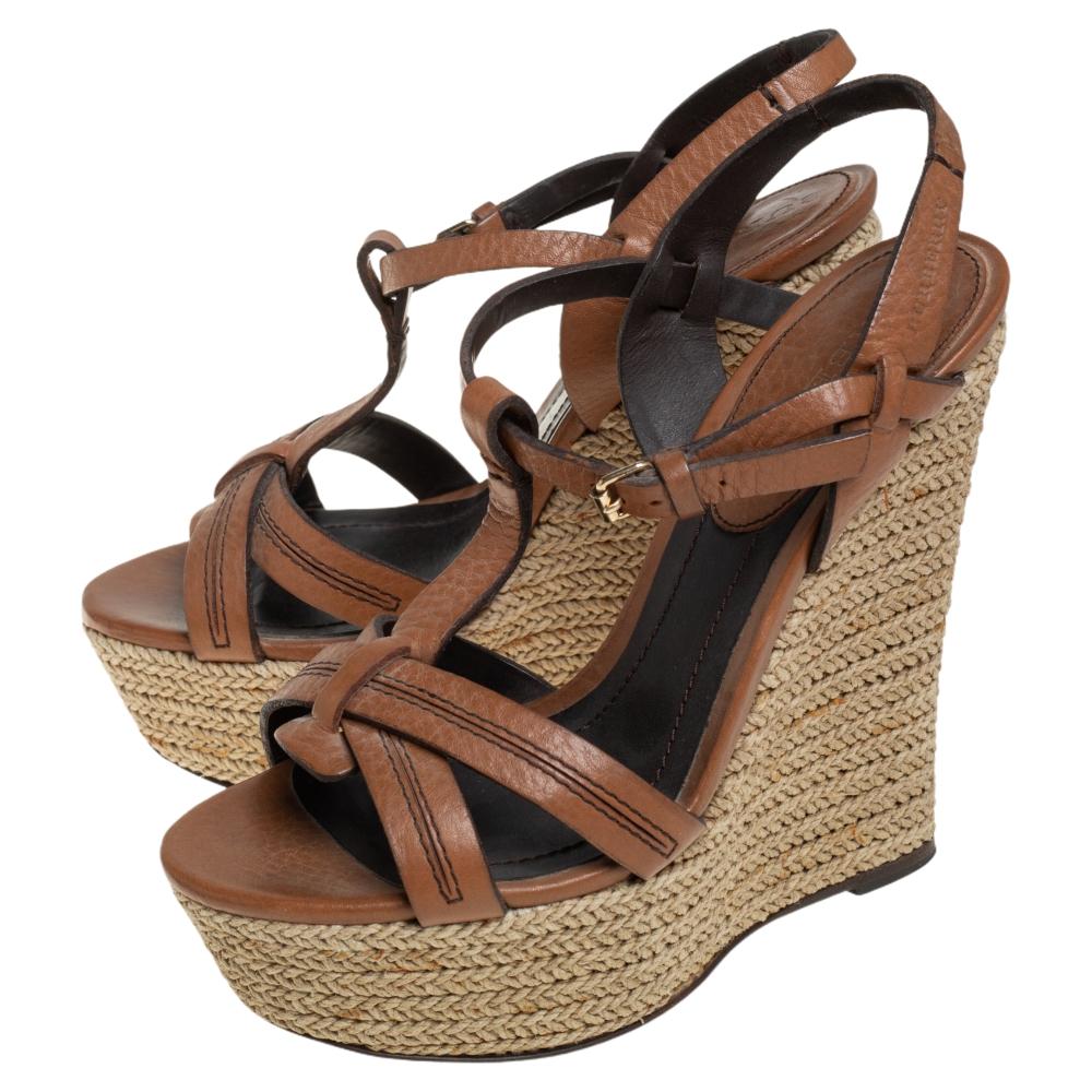 Burberry Tan Leather Espadrille Platform Wedge Ankle Strap Sandals Size 36 In Good Condition In Dubai, Al Qouz 2