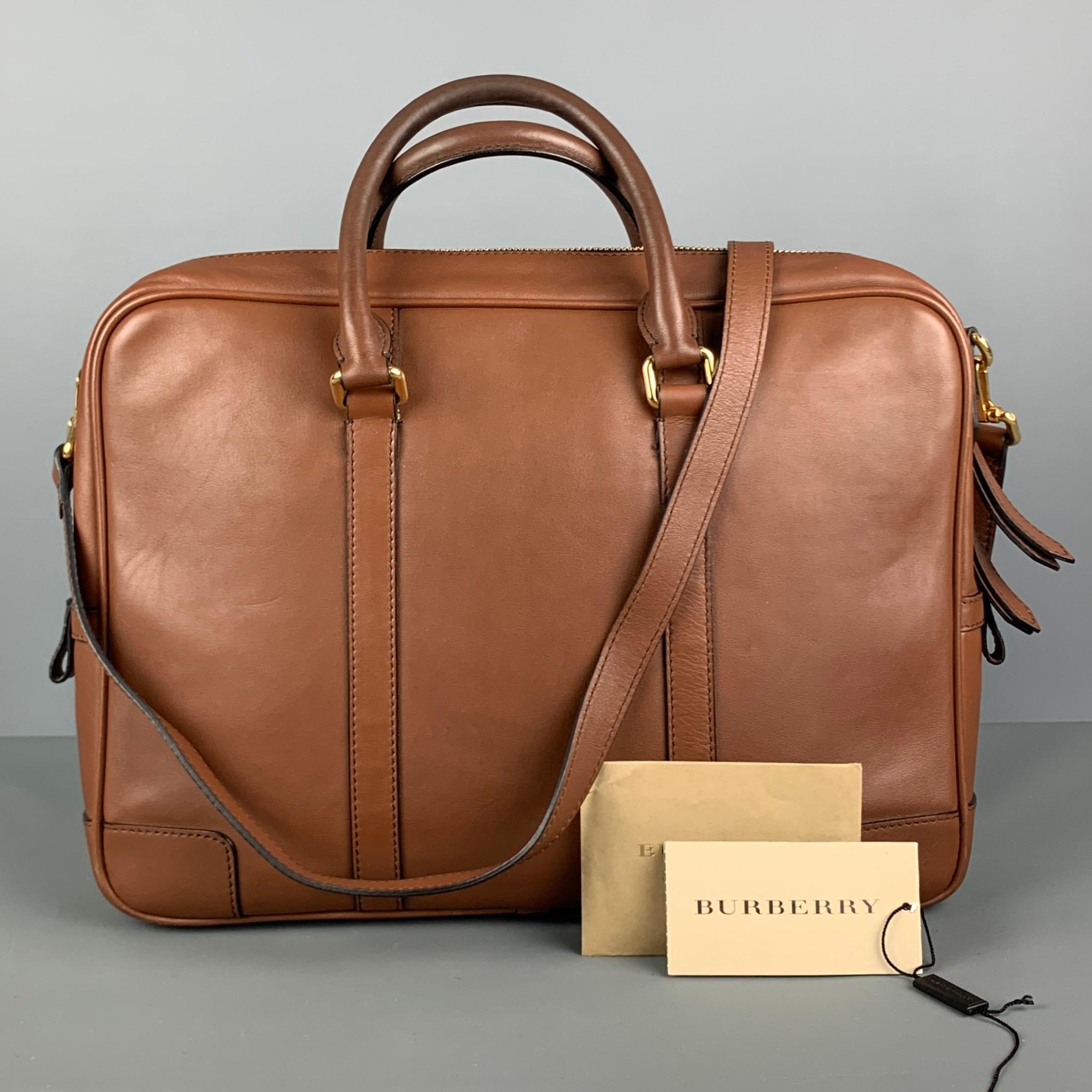 Men's BURBERRY Tan Solid Leather Briefcase Bags