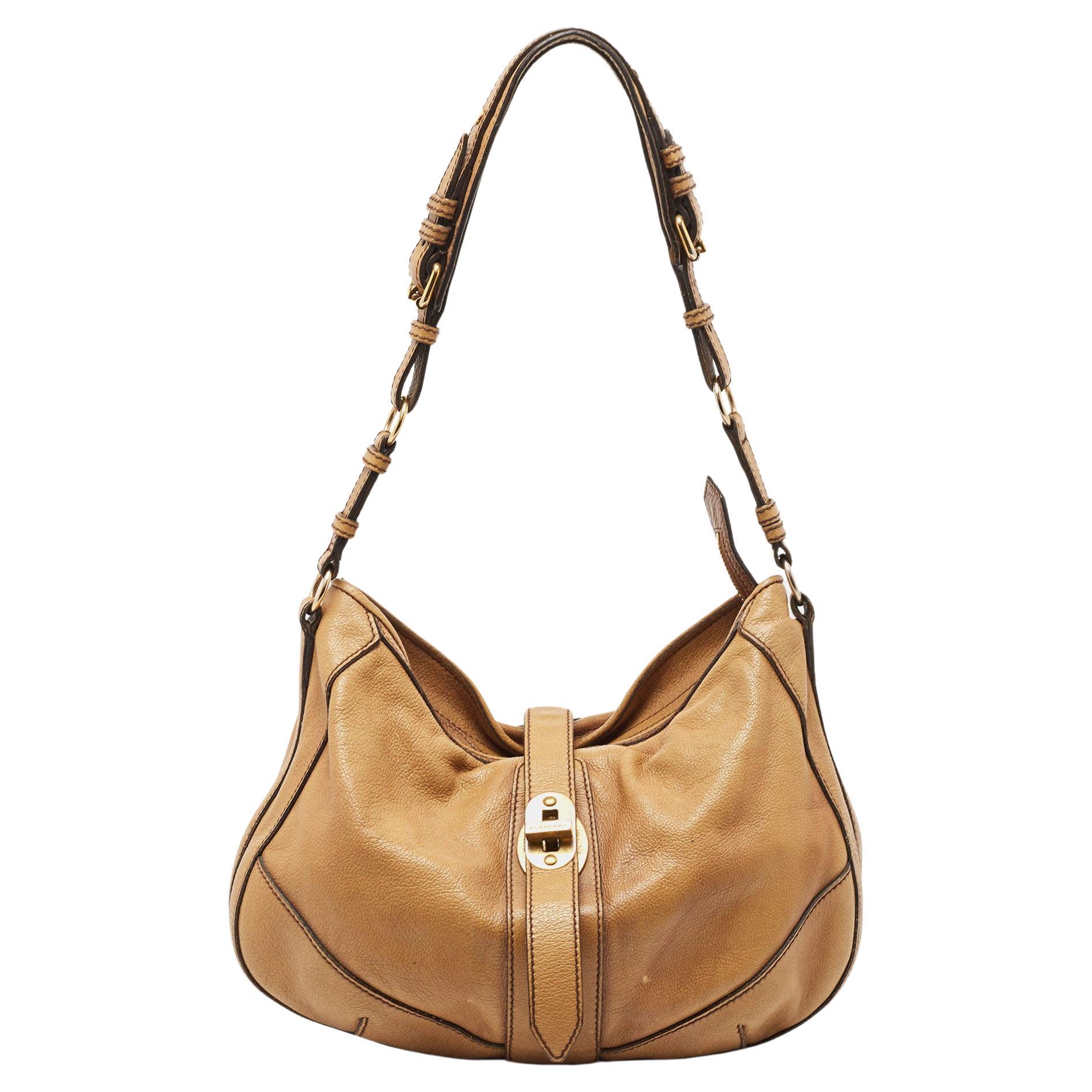 Burberry Tan Textured Leather Bartow Hobo For Sale