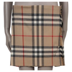 BURBERRY tan wool NOVA CHECK SIDE BUCKLE MINI WRAP Skirt 10 M