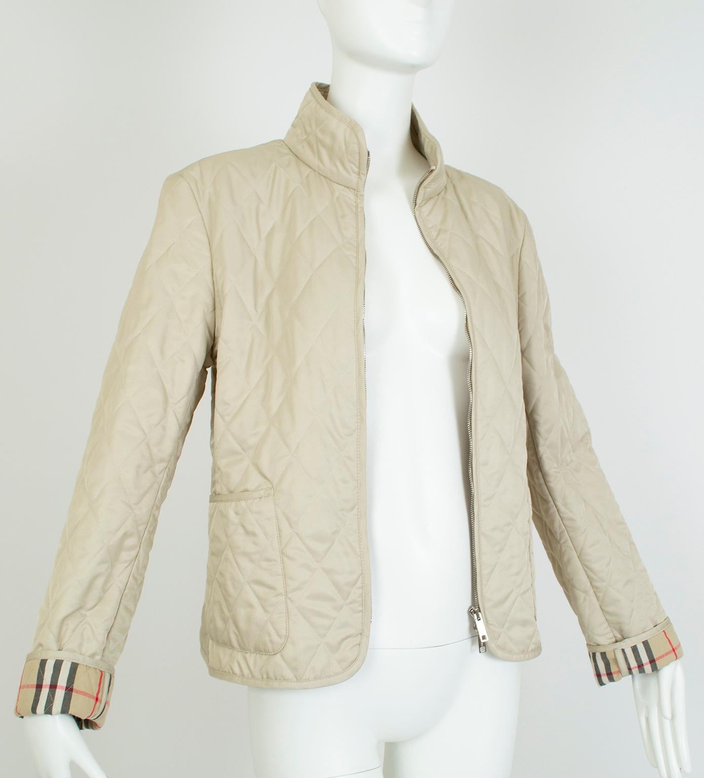 Beige Burberry Taupe Diamond-Quilt Microfiber Puffer Jacket w Tartan Lining - M, 2006