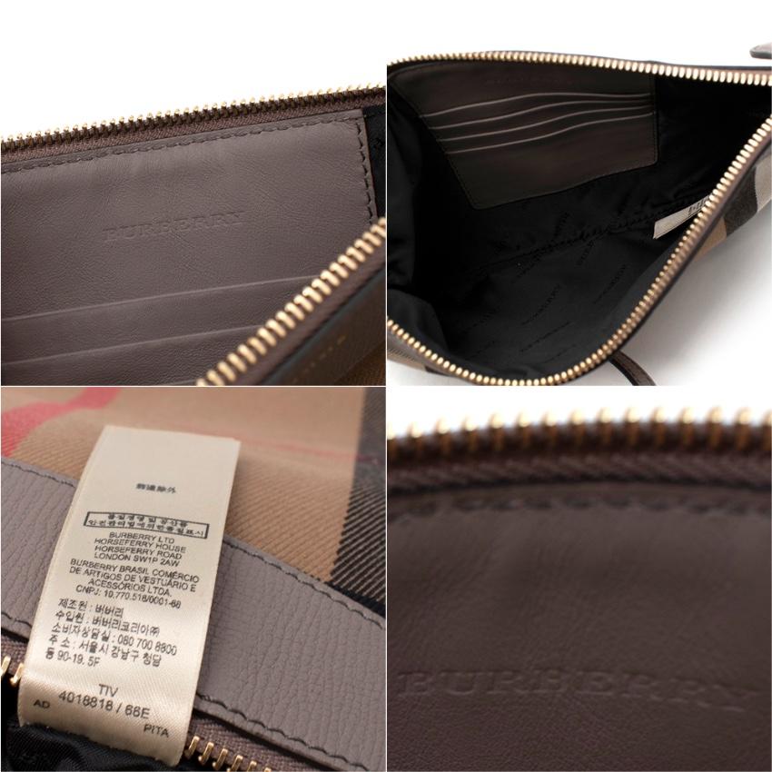Burberry Taupe Leather & House Check Pouch For Sale 1