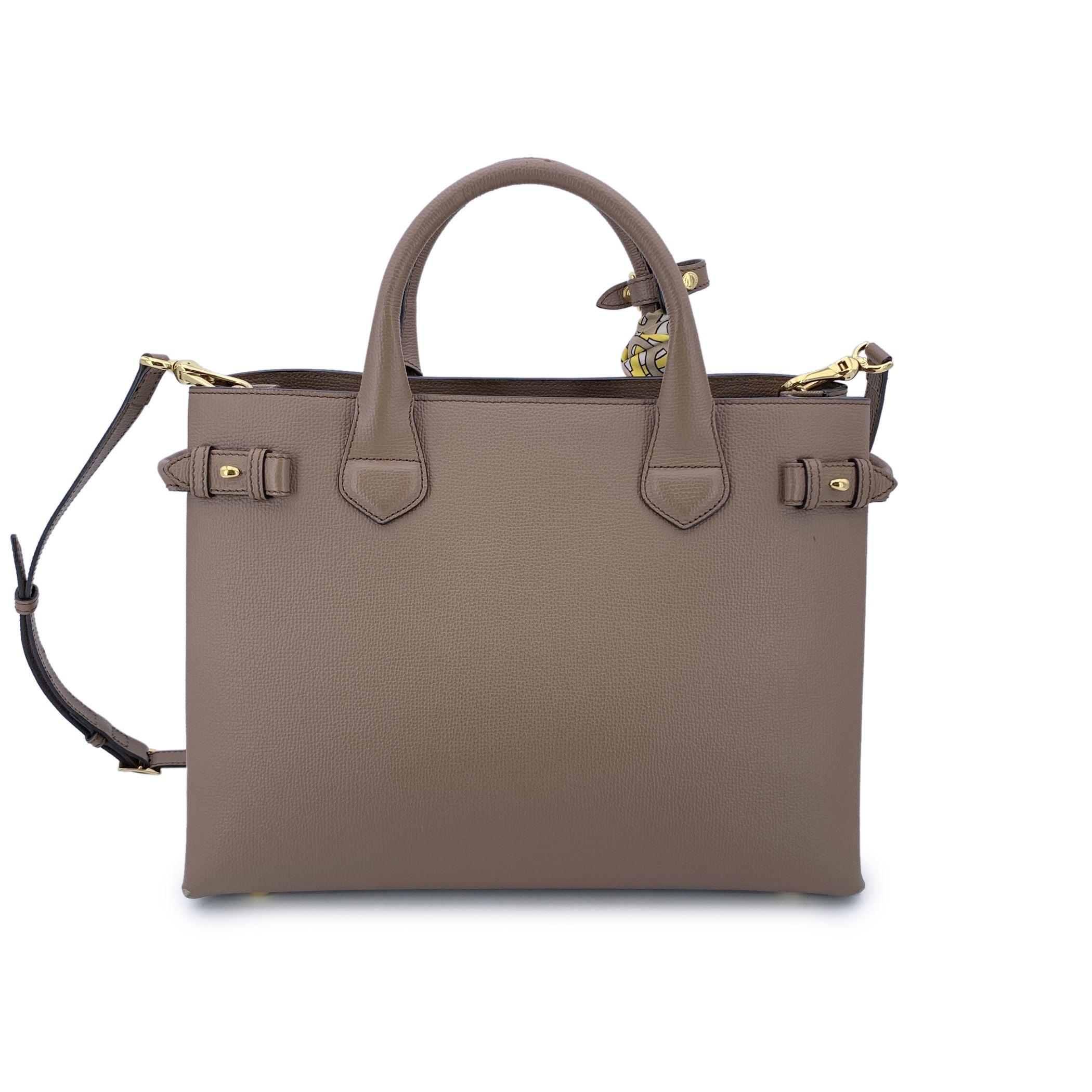 Brown Burberry Taupe Leather Medium The Banner Tote Bag with Strap For Sale