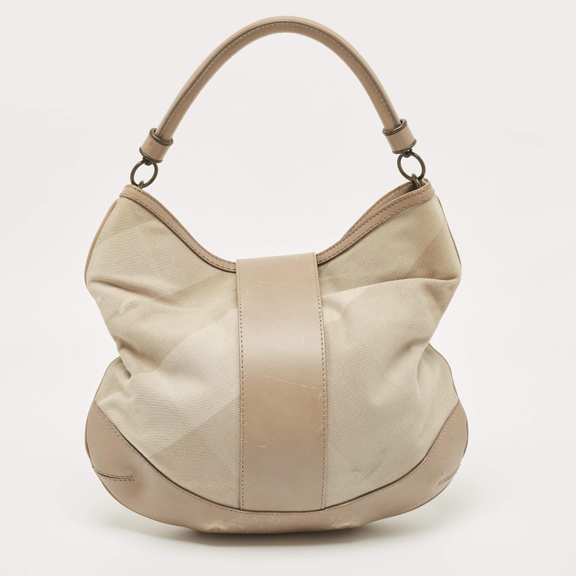 Women's Burberry Taupe Supernova Canvas and Leather Buckle Belted Hobo For Sale