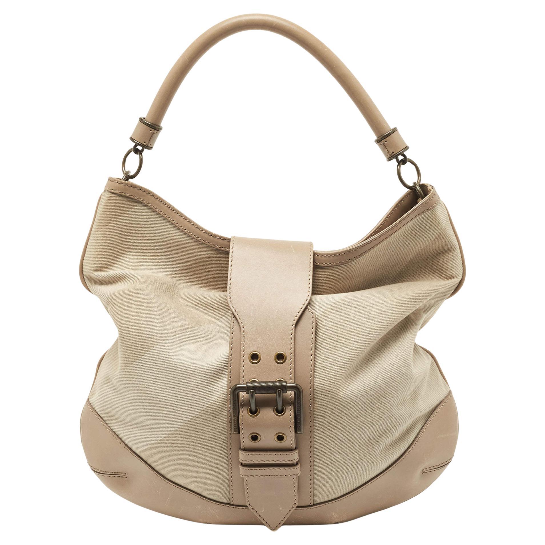 Burberry Taupe Supernova Canvas and Leather Buckle Belted Hobo For Sale
