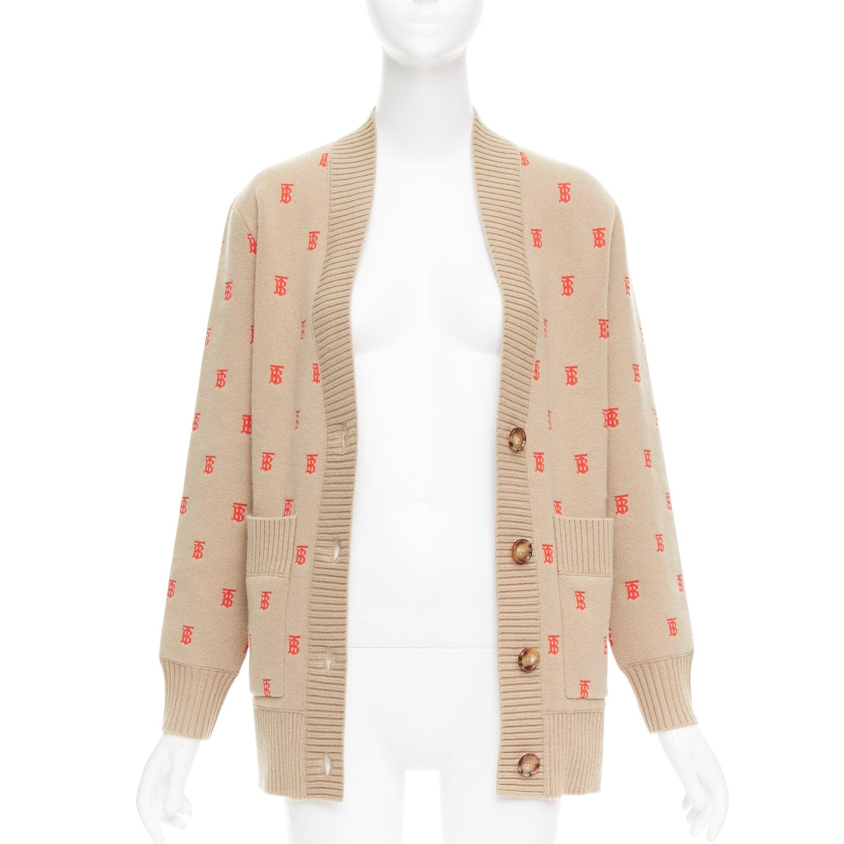 Beige BURBERRY TB monogram camel red cashmere blend oversied cardigan XS For Sale