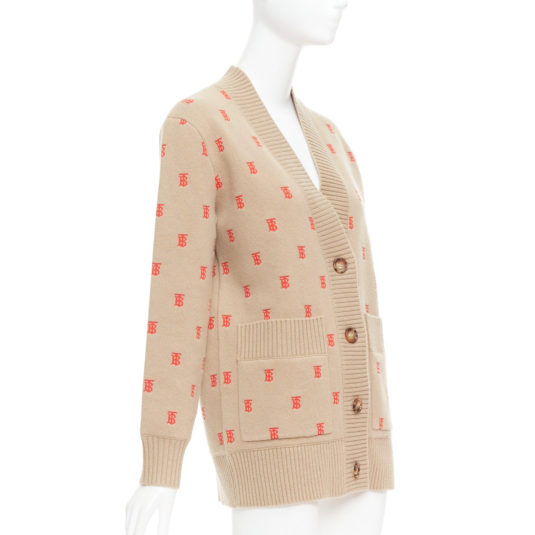 BURBERRY TB monogram camel red cashmere blend oversied cardigan XS In Excellent Condition For Sale In Hong Kong, NT