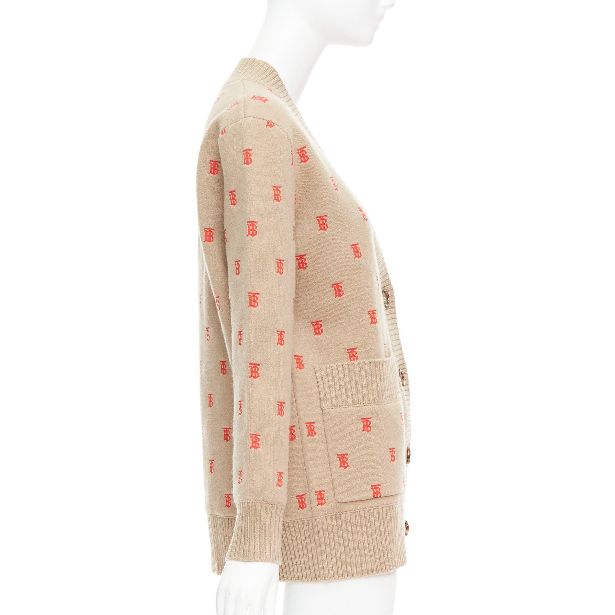 Women's BURBERRY TB monogram camel red cashmere blend oversied cardigan XS For Sale