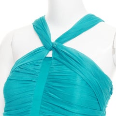 BURBERRY teal blue silk pleated satin front halter mini dress