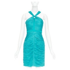 BURBERRY teal blue silk pleated satin front halter mini dress