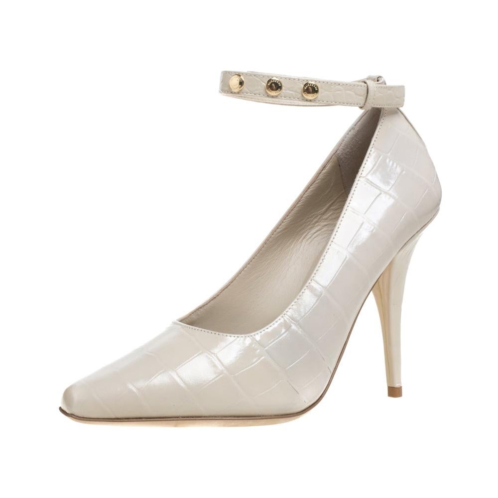 Burberry Teddy Beige Leather Ankle Strap Pumps Size 38
