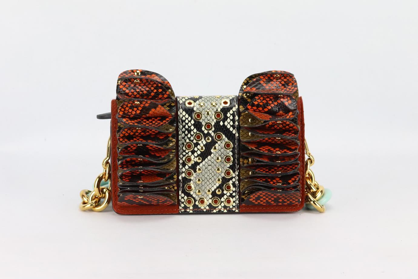 Burberry The Ruffle snakeskin and leather shoulder bag. Made from multi-coloured ruffled snakeskin with leather and calf-hair trim, its finished with gold-tone buckle and chain, it has two large compartments with zipped pocket and card slots.