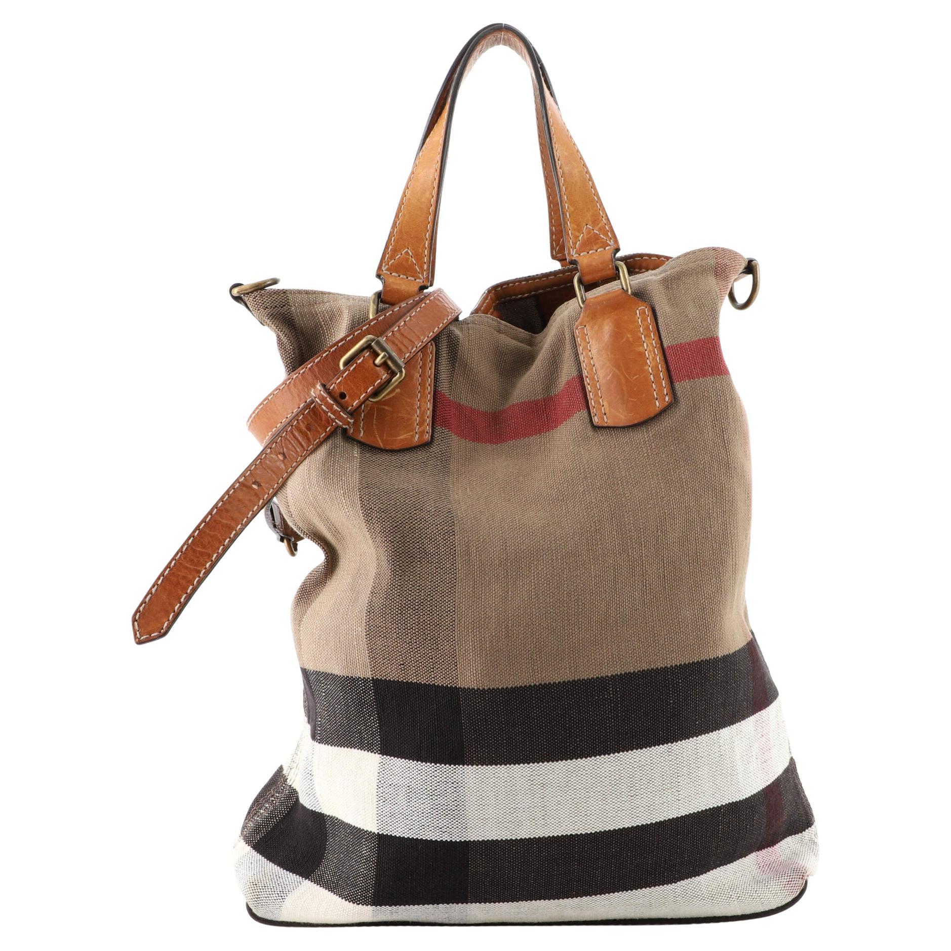Burberry Brown Leather and House Check Fabric Medium Banner Tote at 1stDibs