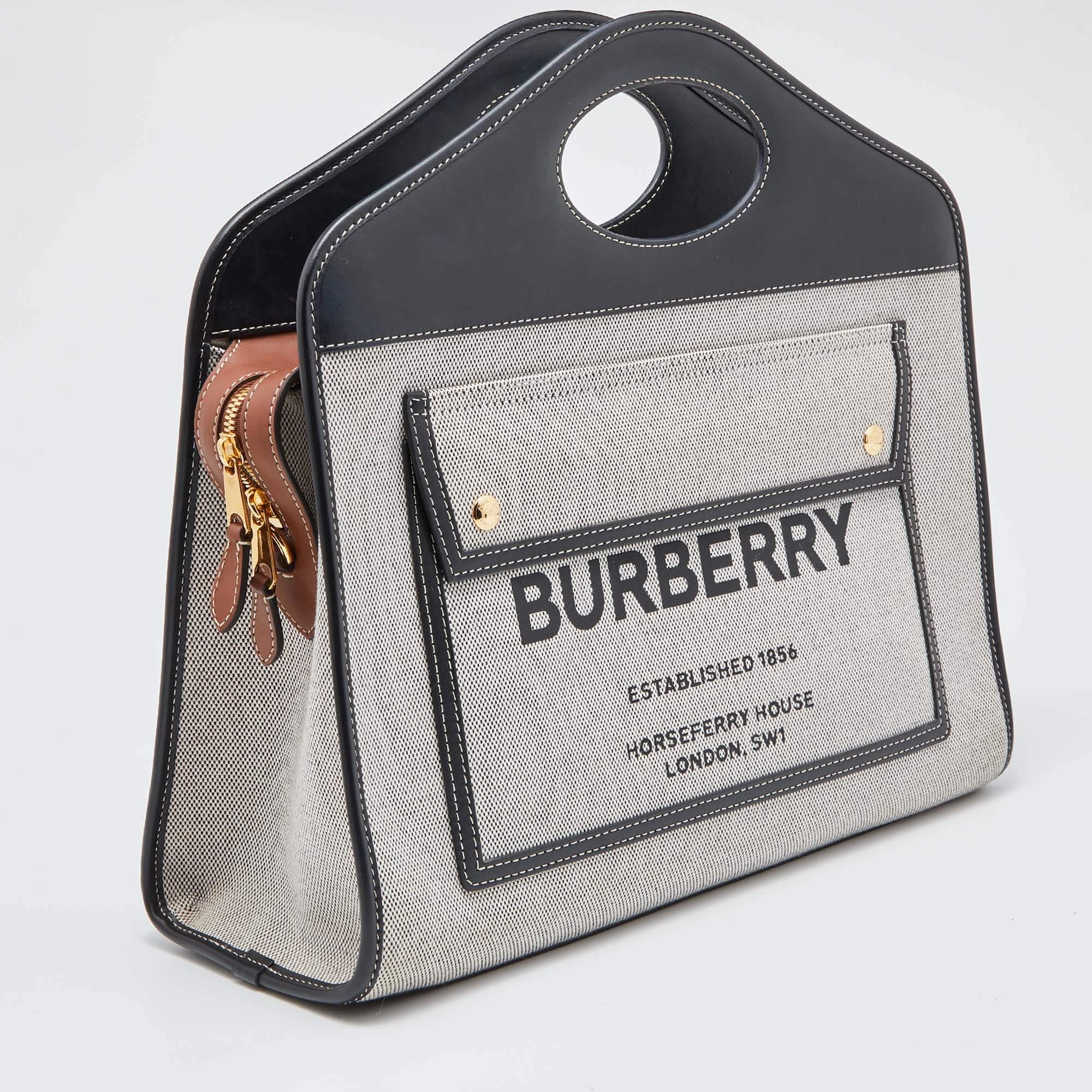 Burberry Tri Color Leather and Canvas Medium Pocket Bag In Good Condition In Dubai, Al Qouz 2