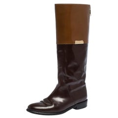 Used Burberry Two Tone Leather Logo Embellished Knee High Boots Size 37