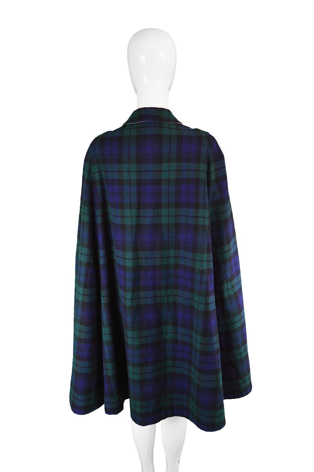 Black Burberry Vintage 1960s Blue & Green Checked Wool Plaid Cape Coat