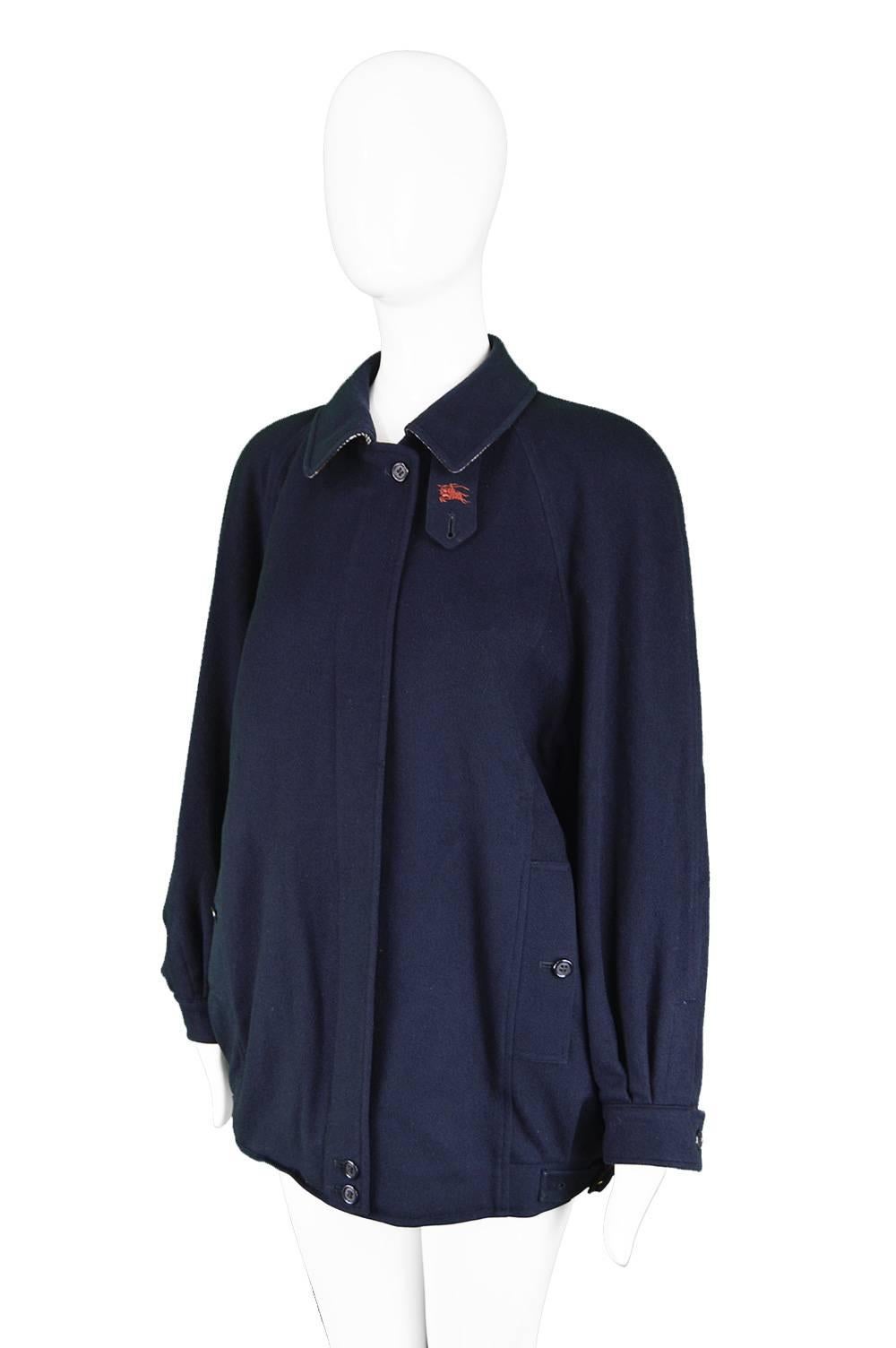 Black Burberry Navy Blue Alpaca and Wool Embroidered Women's Bomber Jacket, 1980 For Sale